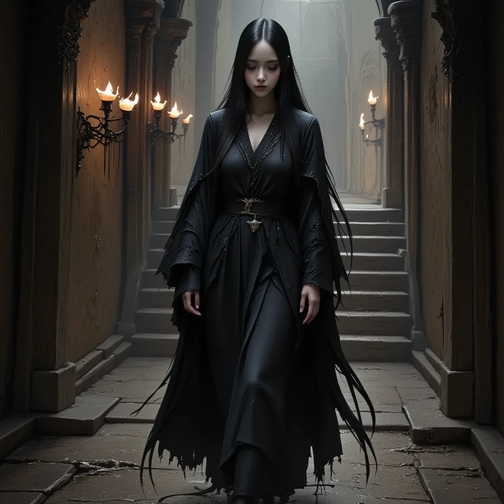 A highly detailed and realistic depiction of a dark, medieval dungeon with intricate stone architecture. The scene is illuminated by the warm glow of flickering torches mounted on the walls, casting soft shadows across the textured stone. The air is thick with an ancient, mystical atmosphere, enhanced by the presence of a beautiful East-Asian woman walking gracefully through the corridor. She is draped in a flowing black robe adorned with subtle, ornate patterns, adding an aura of elegance and mystery. Her long, straight black hair cascades down her back, catching the dim light and creating a soft, ethereal glow. Her expression is calm and composed, yet her piercing eyes convey a quiet strength and a hint of sorrow. The setting features an ancient staircase leading upward, shrouded in partial darkness, evoking a sense of wonder and trepidation. The overall atmosphere is foreboding yet mesmerizing, with every detail emphasizing the woman’s serene but haunting presence in this forgotten, otherworldly place.