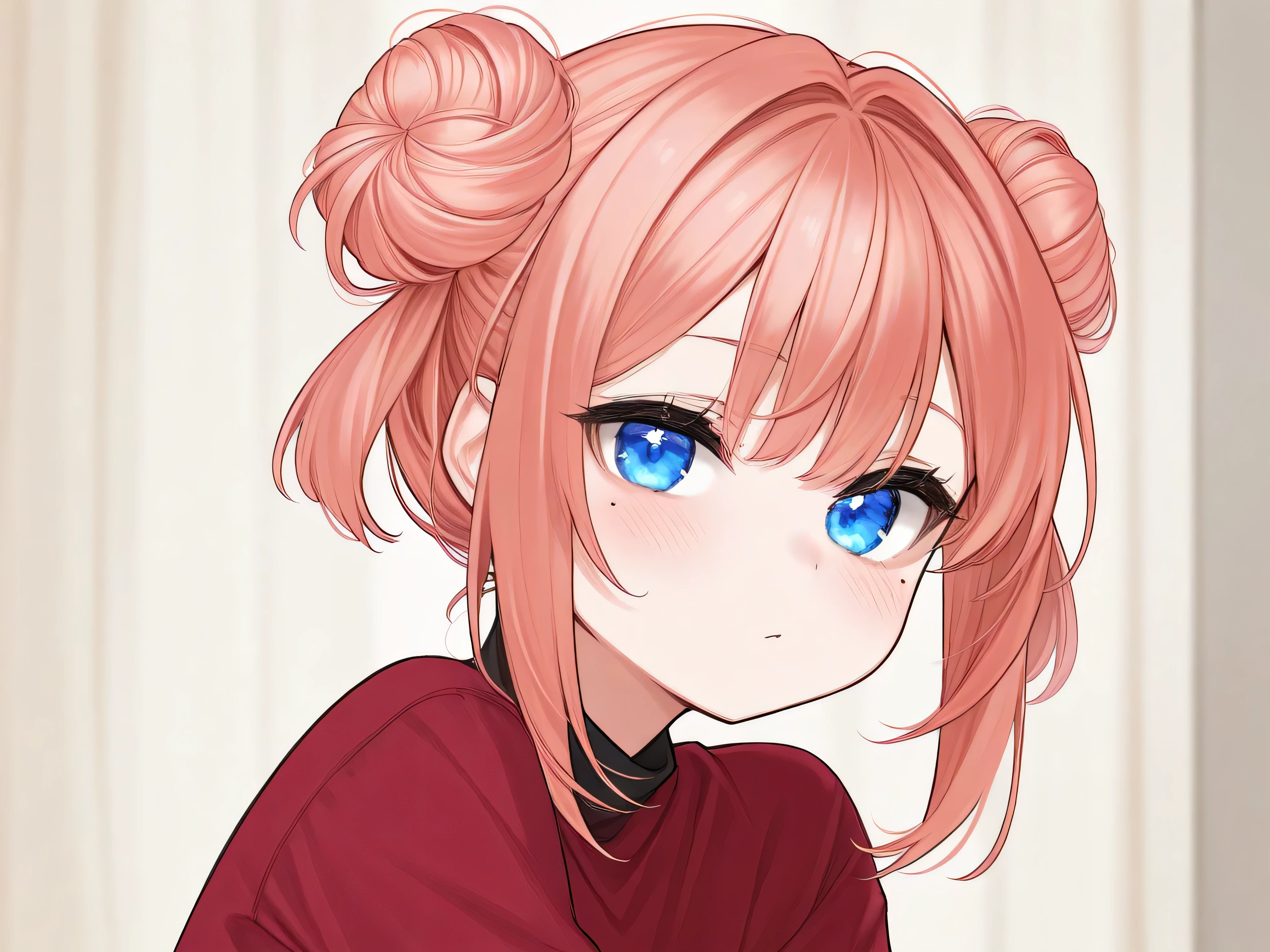 hair color #ffbaab, blue eye, twin small bun hair, cute type girl, red clothes, have lacrimal point under right eye, only the upper body