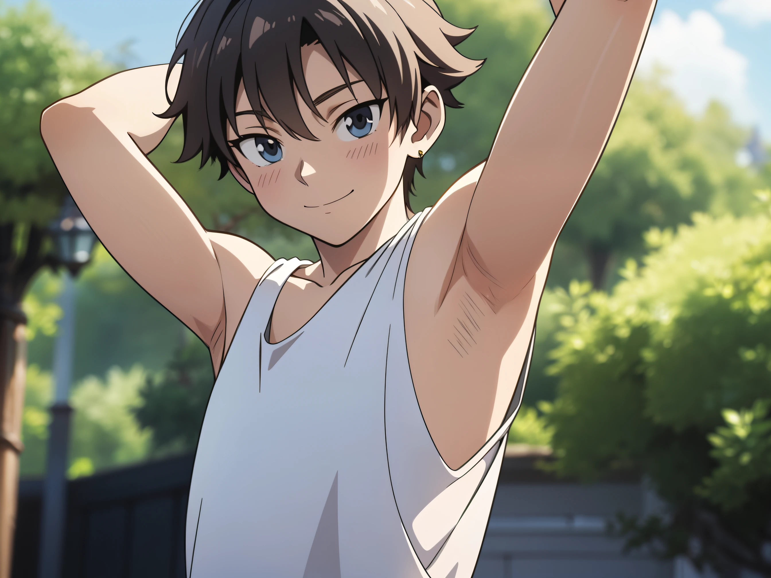 Highres, Masterpiece, Best quality at best,Best Quality,hight quality, hight detailed, Anime style, 1boy, Boy, Shota, Solo person, hansome, short hair, Earring, Tank top, Upper body, Summer day, naughty smile, Slim body, Blurry beckground, Seen from the front, (Showing armpit:1.3), ( boy), (very small and short body), Uhd