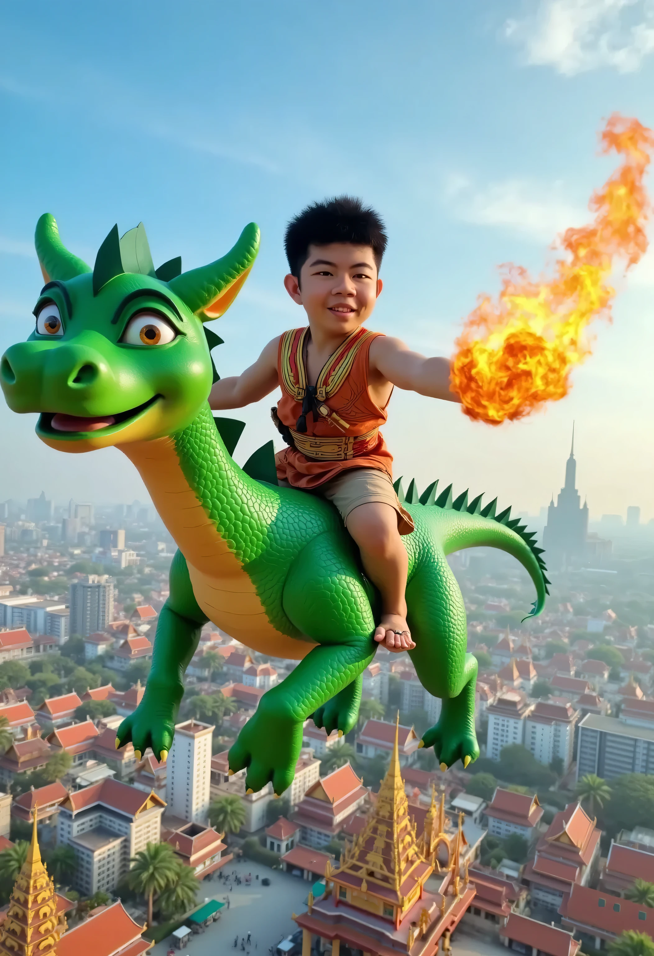 A 3D Pixar-style image featuring a boy dressed in a traditional warrior outfit riding on the back of a green dragon that is breathing fire. The scene is set in the vibrant cityscape of Bangkok, Thailand, with iconic landmarks such as the Grand Palace and Wat Arun visible in the background. The dragon and the boy are flying through the sky, radiating a sense of adventure and excitement, with a bright and dynamic atmosphere showcasing the cultural richness of the location.

