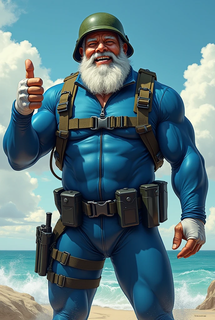 (A rugged beefy extremely muscular bulky laughing sikh old man), (wearing blue fullbody zipper wetsuit), (wearing green army helmet), thumbs up pose, wearing bulky harness, wearing bulky scuba gear, muscular physique, toned muscles, fierce, heroic, action, comic artstyle, bulky best quality, wearing white combat gloves. wearing gun holster on left thighs, dynamic action pose, fierce expression, showcasing an imposing stature, powerful, best quality image, action-packed atmosphere, masterpiece.