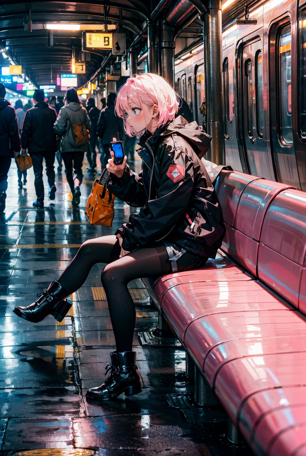 a beautiful girl wearing a black jacket,(((pink short hair,blue eyes))),checking her phone, pantyhose, high boots, shorts, sitting on a bench in a subway station, artifical lights, with a pigeon in the bench, cinematic, draw, perfespective, from the left, profile, masterpiece, best quality, in the style of (samdoesarts),orange color train,