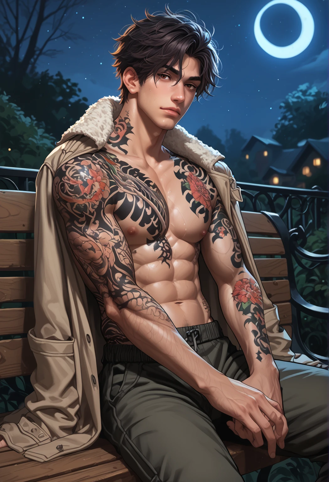 1men, calm expression, adult, muscular, body covered in tattoos (Tattoos on chest), (Tattoos on abdomen), (Tattoos on neck), Dark hair, messy hair, brown eyes, wearing casual coat, black cargo short pant, sitting in bench, (Night:1.4), portrait. score_9, score_8_up, score_7_up. 