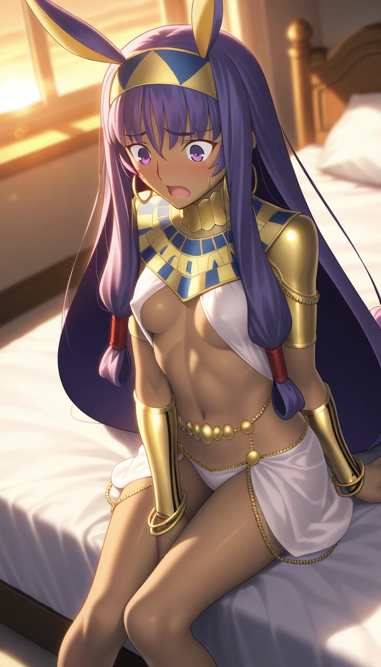 masterpiece, , absurdres, highres, detailed background, high resolution, masterpiece, necessary, detail, best quality, quality, necessary, details, High details, Precise,, indoor, office, ,sunset, ,lens flare, blurry background,, from above,
                                                                                                                                                                                                                                                                                                                                                                                                                                                  
girl, detailed, Nitocris, nitocris (fate), nitocris,, Takeuchi Takashi (type-moon,fate) style, takeuchi takashi style, ,

sitting on bed, hand between legs, looking down, surprised eyes, furrowed brow, frown,

girl, mature, Nitocris, nitocris (fate), nitocris Fate Grand Order, fate, Fate Grand Order, long hair, purple hair, purple eyes, , tan skin, animal ears,                                                                                                                                                                                                                 bracelet, bracer, earrings, hairband, hoop earrings, jewelry, navel, revealing clothes,, erect nipples, open mouth, , blush,, small breast, 