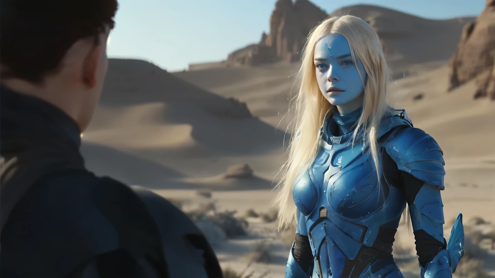 arafed woman in blue body paint standing in a desert, elle fanning as an android, scene from dune 2 0 2 1 movie, dove cameron in a knight armor, film still from movie dune-2021, film still from dune 2020, still from a fantasy movie, from a 2 0 1 9 sci fi 8 k movie