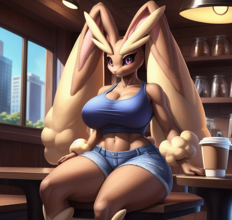 by zackary911, zackary911, (((Lopunny, anthro, extremely detailed, extremely detailed legs, extremely detailed arms, extremely detailed face, perfectly detailed eyes, ultra-detailed hands, perfectly detailed anatomy, well shaped body, female)): solo, curved thighs, long jagged tail, carmesi eyes, day, blushed, looking to the viewer with a loving expression, detailed background, coffee shop background, front lateral view, big breasts, loose blue tank top, Jean shorts, sitting at table