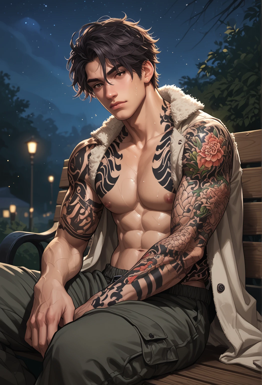 1men, calm expression, adult, muscular, body covered in tattoos (Tattoos on chest), (Tattoos on abdomen), (Tattoos on neck), Dark hair, messy hair, brown eyes, wearing casual long coat, black cargo short pant, sitting in bench, (Night:1.4), portrait. score_9, score_8_up, score_7_up. 