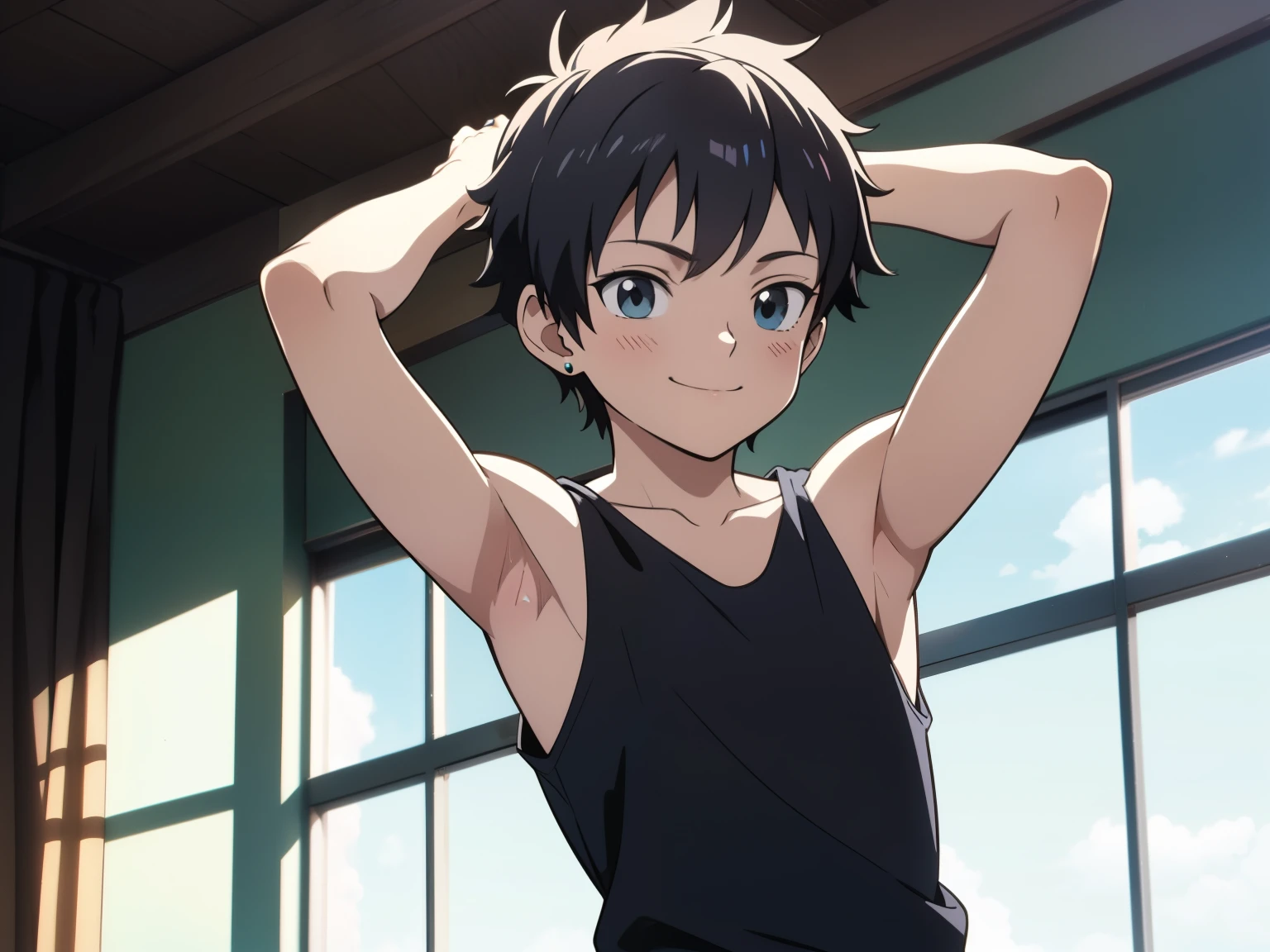 Highres, Masterpiece, Best quality at best,Best Quality,hight quality, hight detailed, Anime style, 1boy, Boy, Shota, Solo person, hansome, short hair, Earring, Tank top, Upper body, Summer day, naughty smile, Slim body, Blurry beckground, Seen from the below, (Showing armpit:1.3), (very young boy), (very small and short body), Uhd