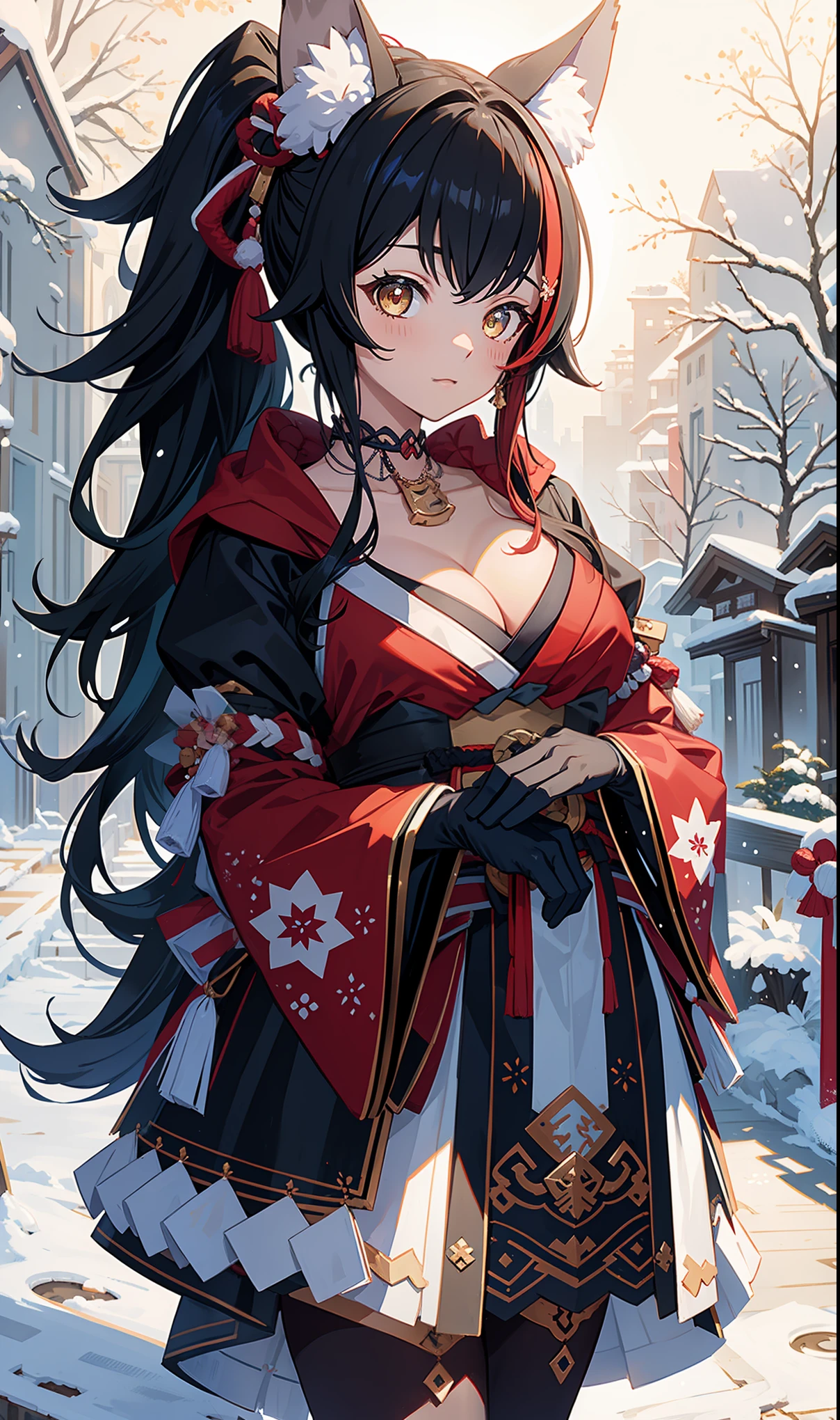 masterpiece,    top quality,    high resolution,  masterpiece:1.2,     high quality  , 8K,      beautiful and meticulous growth   ,  happy ，  heavy costume，  blush，  kimono， Japanese costume ，Side Ponytail，  Fantasy World , Ice and snow fly  ,  winter，Mysterious landscape  ， black gloves ，Strike a pose，Beautiful sleeves  ，  Adult body， Lots of clothes on the chest ，Big curves on the chest