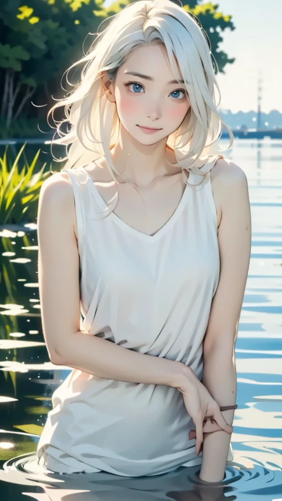 Anime style female character in water, (long white hair: 1.2), (gentle expression: 1.1), blue eyes, white tank top, (ripple water effect around the body: 1.3), sunlight reflected on the water surface clear sky, subtle water splashes, high-resolution digital art, soft color palette, tranquil atmosphere, (calm sea background :1.1), realistic water textures,(Enhances the beauty of skin texture:1.1),((Extremely precise and accurate anatomy:1.0)),Kind eyes,Graceful pose,(Beauty of form:1.4) Golden ratio, big eye,(nature's providence:1.4),