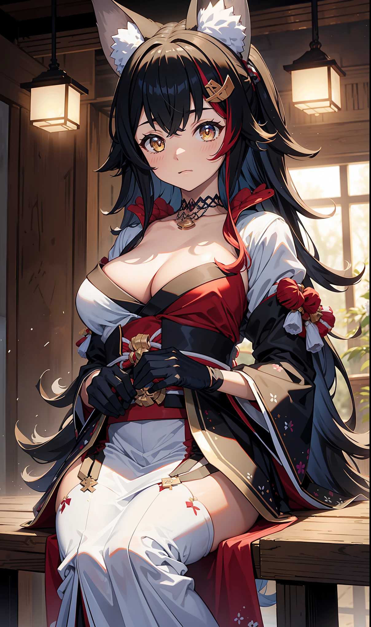 masterpiece,    top quality,    high resolution,  masterpiece:1.2,     high quality  , 8K,      beautiful and meticulous growth   ,  happy ，  heavy costume，  blush，  kimono， Japanese costume ，Side Ponytail，  Fantasy World , Ice and snow fly  ,  winter，Mysterious landscape  ， black gloves ，Strike a pose，Beautiful sleeves  ，  Adult body， Lots of clothes on the chest ，Big curves on the chest