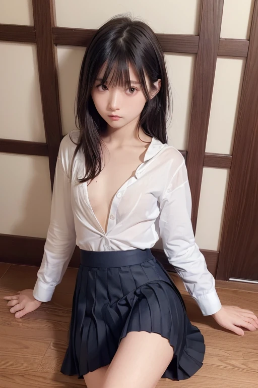 High resolution、High resolution、In 8K、RAW Photos、Highest quality、masterpiece、18-year-old girl, (Flat chest like:1.2), ((Skinny body:1.2)), Wavy Hair,, Anatomically correct、bangs、Waist、thigh、Japanese high school uniform