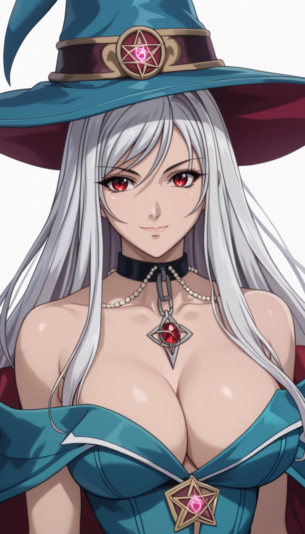 vampire moka akashiya, long hair, red eyes, ahoge, white hair, large breasts, bare shoulders, blue footwear, cleavage, collarbone, duel monster, hat, off shoulder, pentacle, wizard hat, light smile,Shiny Hair、Tight waist、Small waist、Glowing Skin、(white background:1.2)、eight-headed body、Beauty、