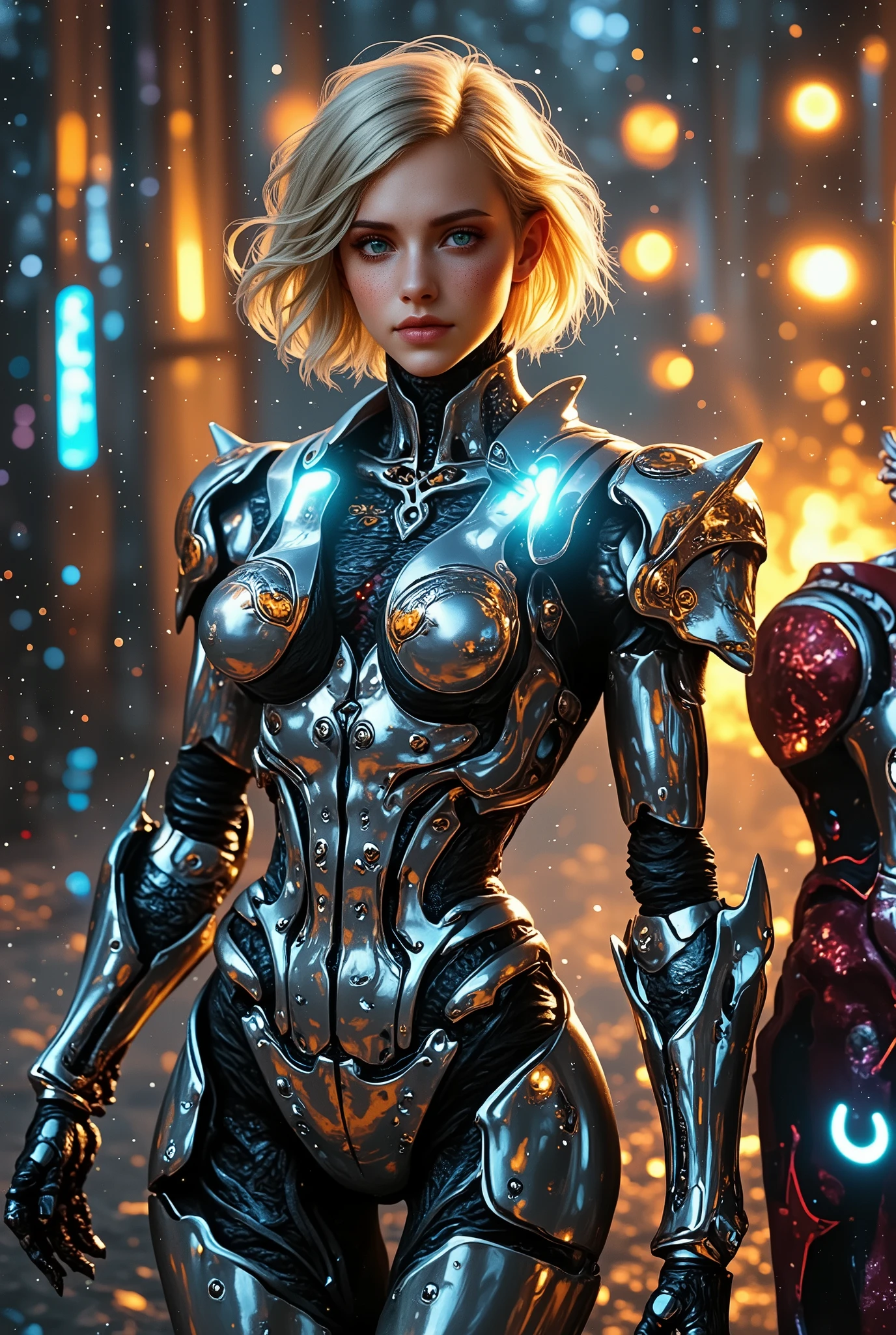 A realistic, full-body shot of a female robot gladiator with a stunning, natural face featuring short blonde hair and delicate freckles. Her face is expressive, human-like, and warm, with glowing blue-green eyes that contrast beautifully with her metallic features. Below the neck, her body is a sleek and agile humanoid mechanical frame made of polished and battle-worn metallic alloys. Her torso is a segmented exoskeleton with glowing energy lines in shades of blue and gold, showcasing advanced design and functionality. She wears gladiator-inspired armor, including a finely engraved chest plate, spiked shoulder guards, and a short armored skirt of overlapping metal plates. Her arms are designed for both precision and power, holding a glowing energy spear in one hand and a retractable energy shield on the other. Her legs are long and agile, with visible hydraulic joints and claw-like feet for enhanced stability and movement. The scene is set in a futuristic coliseum with glowing neon lights, a smoky atmosphere, and a faint, roaring crowd in the background. The lighting highlights her face's softness while casting dramatic shadows on her mechanical body, creating a striking and cinematic effect.