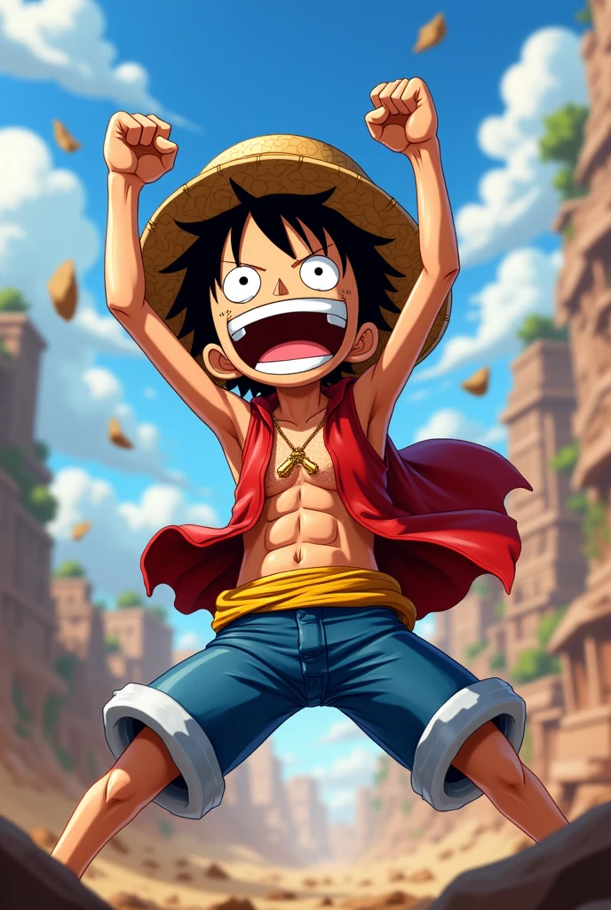 Luffy with the most epic one piece in his hand claiming the world