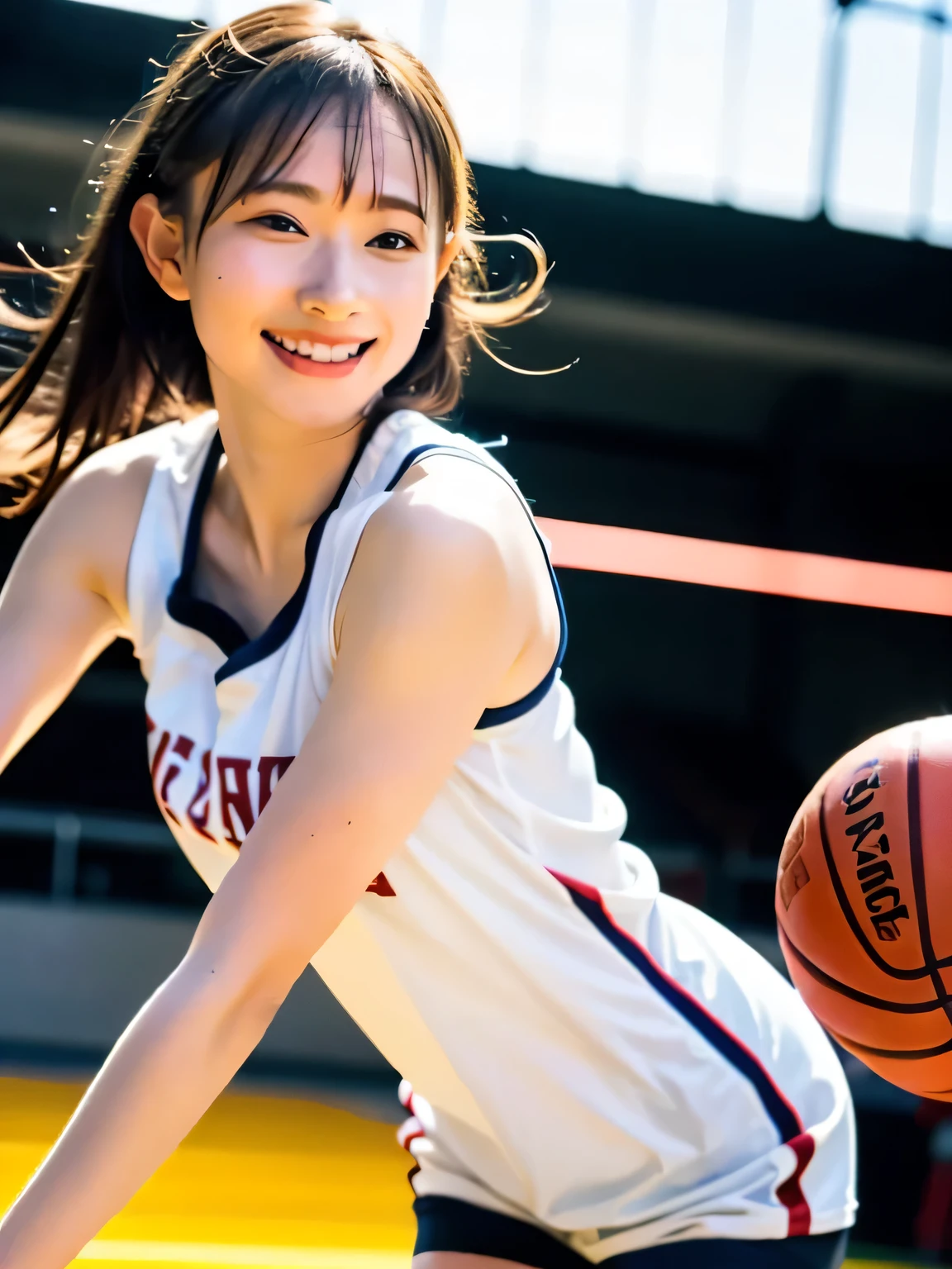 A young female basketball player executing a dynamic jump shot with precision and grace. The basketball is held firmly in both hands as she aims for the hoop, her form exuding confidence and mastery. Her slim-fit basketball uniform highlights her athletic build, while black high socks and matching sneakers provide a sleek and modern look. Her neatly braided black hair arcs through the air as she leaps, with her intense black eyes fixed firmly on the goal. The polished wooden floor of the brightly lit gymnasium reflects the action, emphasizing the energy, elegance, and competitive spirit of the moment. smiles gently, FRIENDLY. ( RAW photos , top quality ), ( realistic , photo- realistic :1.4), masterpiece, extremely delicate and beautiful, extremely detailed, 2k wallpaper, amazing on the beach, Detailed description, extremely detailed CG unity 8k wallpaper, ULTRA DETAIL, high res, Soft light, beautiful detailed girl looking back, extremely detailed eyes and face, beautiful detailed nose, beautiful detailed eyes, cinematic lighting, Perfect Anatomy, slender body.