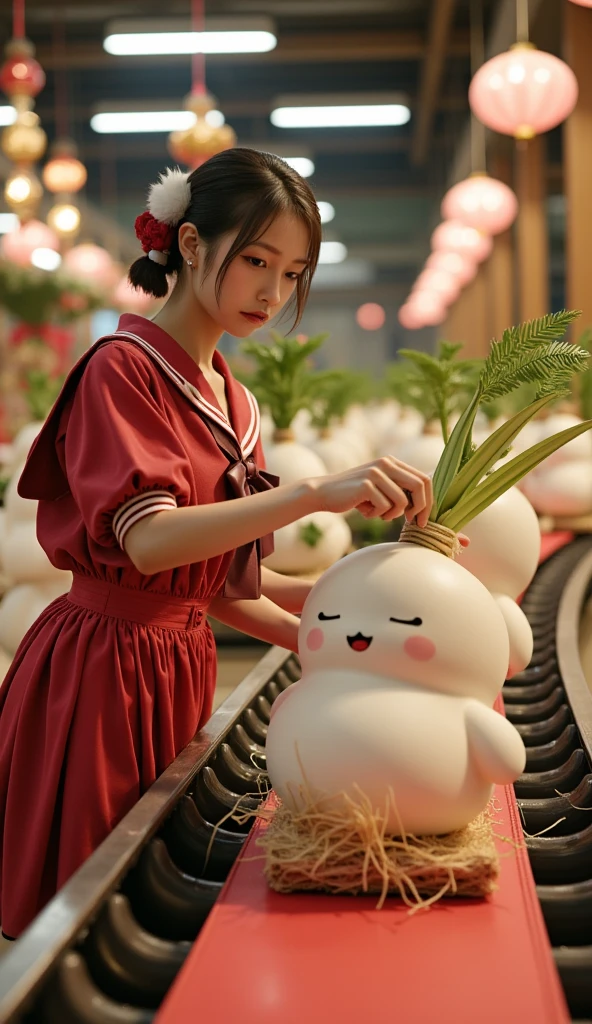 ultra-realistic, photorealistic, dramatic scene, shadow, global-illumination, solo, very beautiful Japanese woman, she is high  student, she works part-time at the factory, very beautiful with very cute but boyish cool face, wearing high school sailor uniform, she is working at the factory, She is decorating a cute radish character statue that is being carried on a conveyor belt, Many identical statue are being carried on a conveyor belt in an orderly fashion, statue\(Japanese New year's decoration that locating at the entrance of the home, cute white daikon radish character, smiled cute face, white, medium long, straight body, chubby, arranged with three cut very thick bamboo stalks of varying heights that standing upright in the center and surrounded by pine branches and secured with a straw mat\), the factory is gorgeously decorated with bamboo and festive new year's celebration, shoot from side