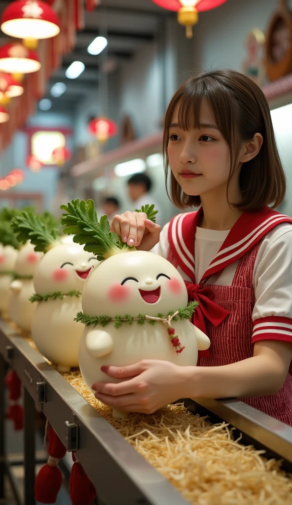 ultra-realistic, photorealistic, dramatic scene, shadow, global-illumination, solo, very beautiful Japanese woman, she is high  student, she works part-time at the factory, very beautiful with very cute but boyish cool face, wearing high school sailor uniform, she is working at the factory, She is decorating a cute radish character statue that is being carried on a conveyor belt, Many identical statue are being carried on a conveyor belt in an orderly fashion, statue\(Japanese New year's decoration that locating at the entrance of the home, cute white daikon radish character, smiled cute face, white, medium long, straight body, chubby, arranged with three cut very thick bamboo stalks of varying heights that standing upright in the center and surrounded by pine branches and secured with a straw mat\), the factory is gorgeously decorated with bamboo and festive new year's celebration, shoot from side