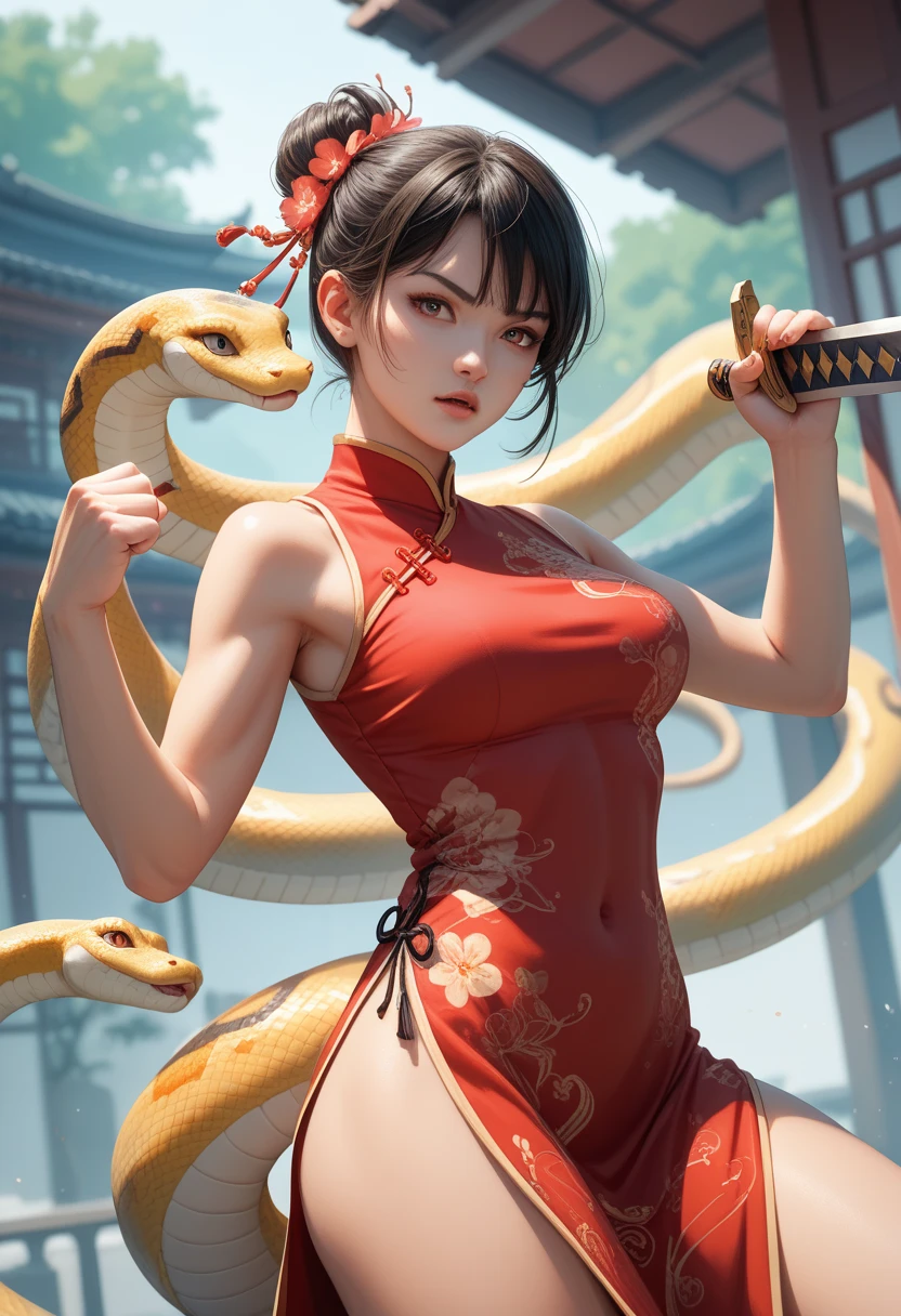 Chugoku Kempo's hand sword stance、Snake Fist、 Girl in a Chinese Dress 、I can see the aura of a giant snake 