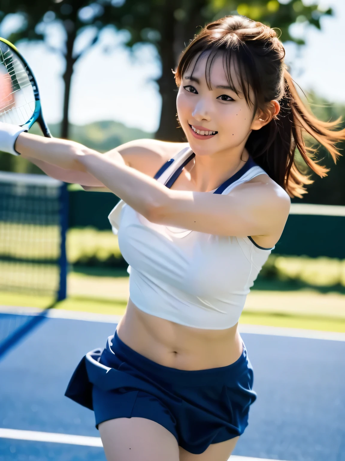 A young female tennis player dressed in a sleek blue tennis outfit stands ready, with her white undergarments visible. gripping her tennis racket with both hands in a poised and focused stance. The sunlight highlights the crisp lines of her attire and the polished strings of the racket. Her determined gaze locks onto an unseen opponent, exuding confidence and anticipation. The lush green grass of the tennis court extends into the distance, framed by a clear blue sky. This dynamic scene captures the perfect blend of elegance, power, and athletic prowess, showcasing her readiness to strike with precision and grace. smiles gently, FRIENDLY. ( RAW photos , top quality ), ( realistic , photo- realistic :1.4), masterpiece, extremely delicate and beautiful, extremely detailed, 2k wallpaper, amazing on the beach, Detailed description, extremely detailed CG unity 8k wallpaper, ULTRA DETAIL, high res, Soft light, beautiful detailed girl looking back, extremely detailed eyes and face, beautiful detailed nose, beautiful detailed eyes, cinematic lighting, Perfect Anatomy, slender body.