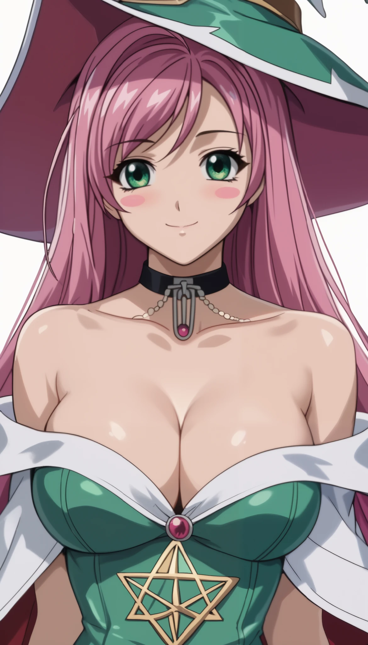 normal moka akashiya, long hair, green eyes, pink hair, ahoge, large breasts, bare shoulders, blue footwear, blush, blush stickers, cleavage, collarbone, duel monster, hat, off shoulder, pentacle, wizard hat, light smile,Shiny Hair、Tight waist、Small waist、Glowing Skin、(white background:1.2)、eight-headed body、Beauty、