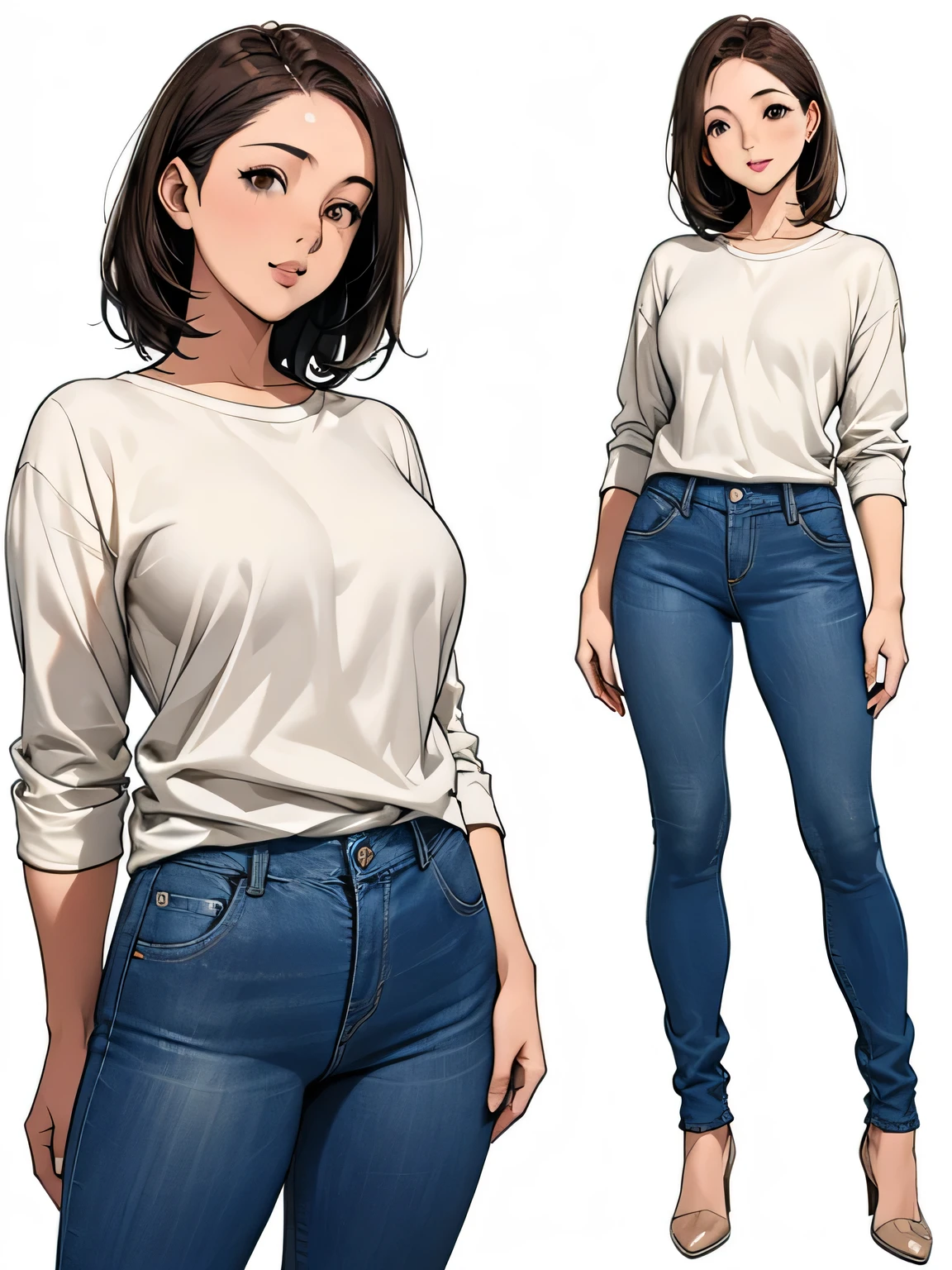 Detailed character sheet, Front view, Side view, Oblique view, with a white returnground, show women, 30 years old, with short dark brown hair combed return, Light casual clothing, Wearing tight denim jeans. The seat includes different angles, Front desk etc.., return, and Side views, Model and Reference Sheets, Full body painting. The ratio is based on 7.5 Head Scale.