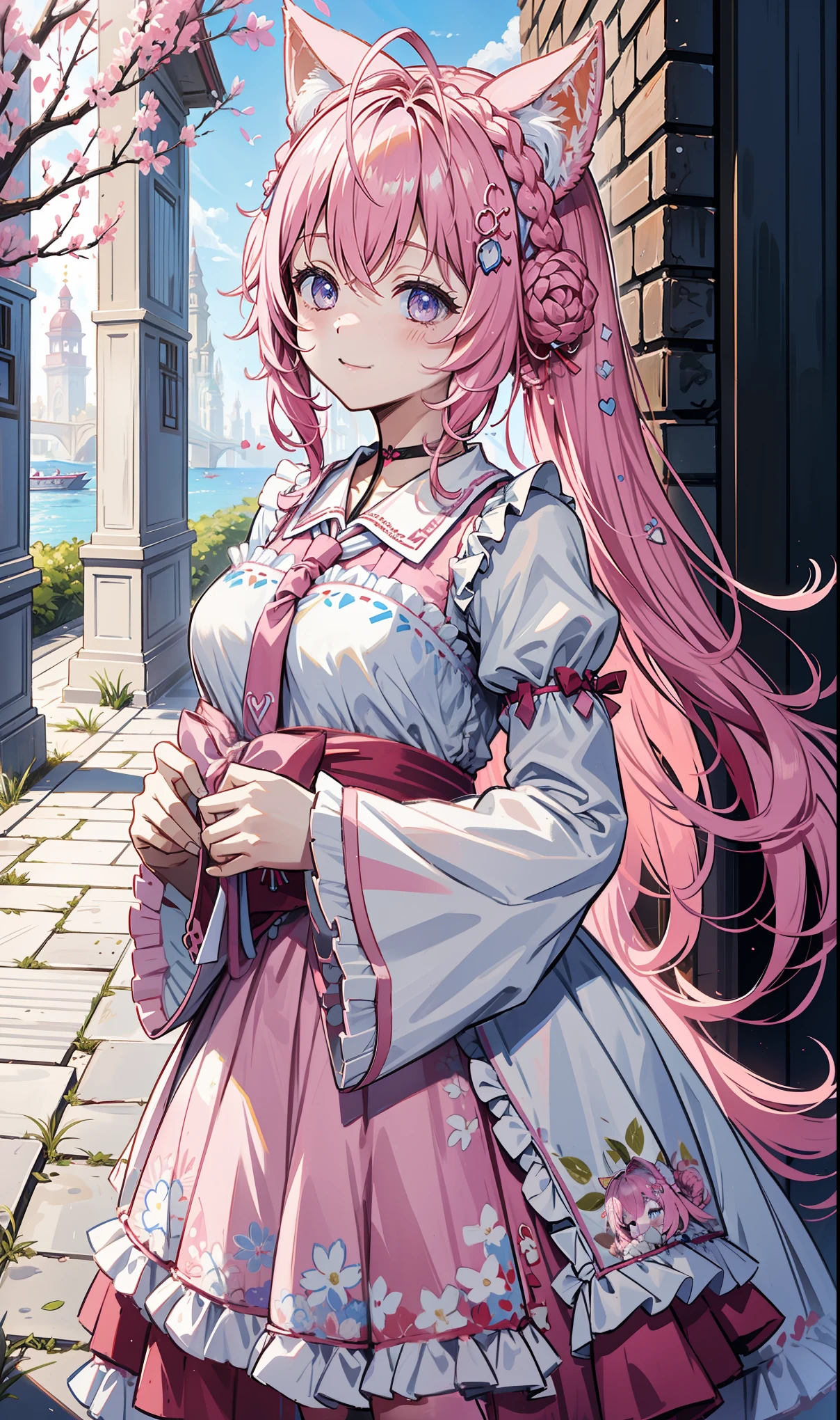, decorated with ribbons and hearts , Light pink hair band, Red clip. she的头发颜色是浅色的..、It's getting long ., Ponytailed,Decorated with a dark pink ribbon and red hearts . she got gold heart earrings. she、White ruffle trim、 she is wearing a pale pink ruffle dress .、There is a pink line in the middle 。。. has a white bow and a ruby heart on her chest , she腰间系着蝴蝶结 、Be careful,Safe 、Hang your purse. she的鞋子是淡粉色的...、The soles are pink、 and white frill leggings that match her sleeves .。, Decorated with a pink ribbon and a ruby heart .,[background:Room,End:1.1,((( Smile))), camera