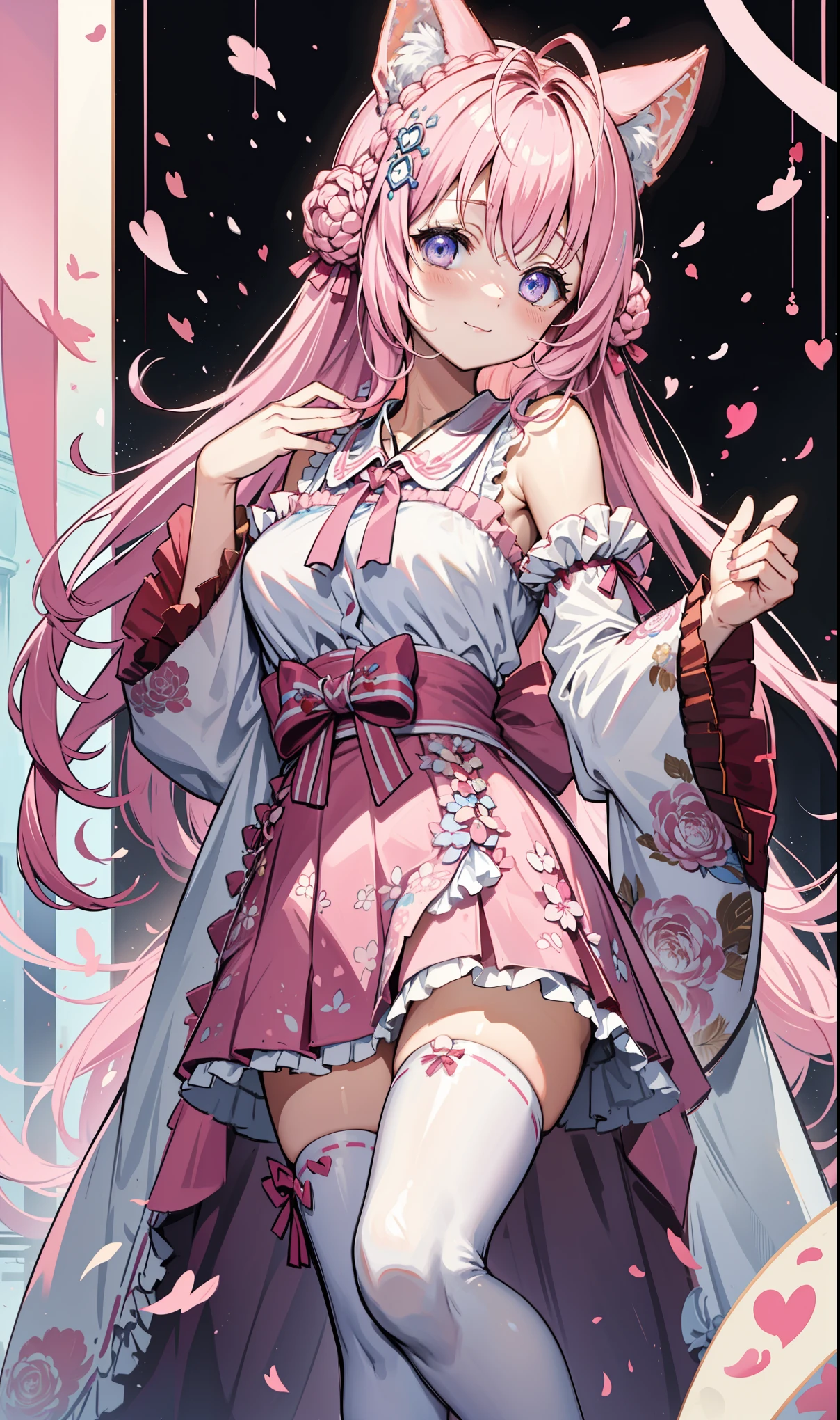 ,  decorated with ribbons and hearts , Light pink hair band, Red clip. she的头发颜色是浅色的..、It's getting long .,  Ponytailed，Decorated with a dark pink ribbon and red hearts . she got gold heart earrings. she、White ruffle trim、 she is wearing a pale pink ruffle dress .、There is a pink line in the middle 。。.   has a white bow and a ruby heart on her chest , she腰间系着蝴蝶结 、Be careful，Safe 、Hang your purse. she的鞋子是淡粉色的...、The soles are pink、  and white frill leggings that match her sleeves  .。,  Decorated with a pink ribbon and a ruby heart .,[background:Room,End:1.1,((( Smile)))， camera 