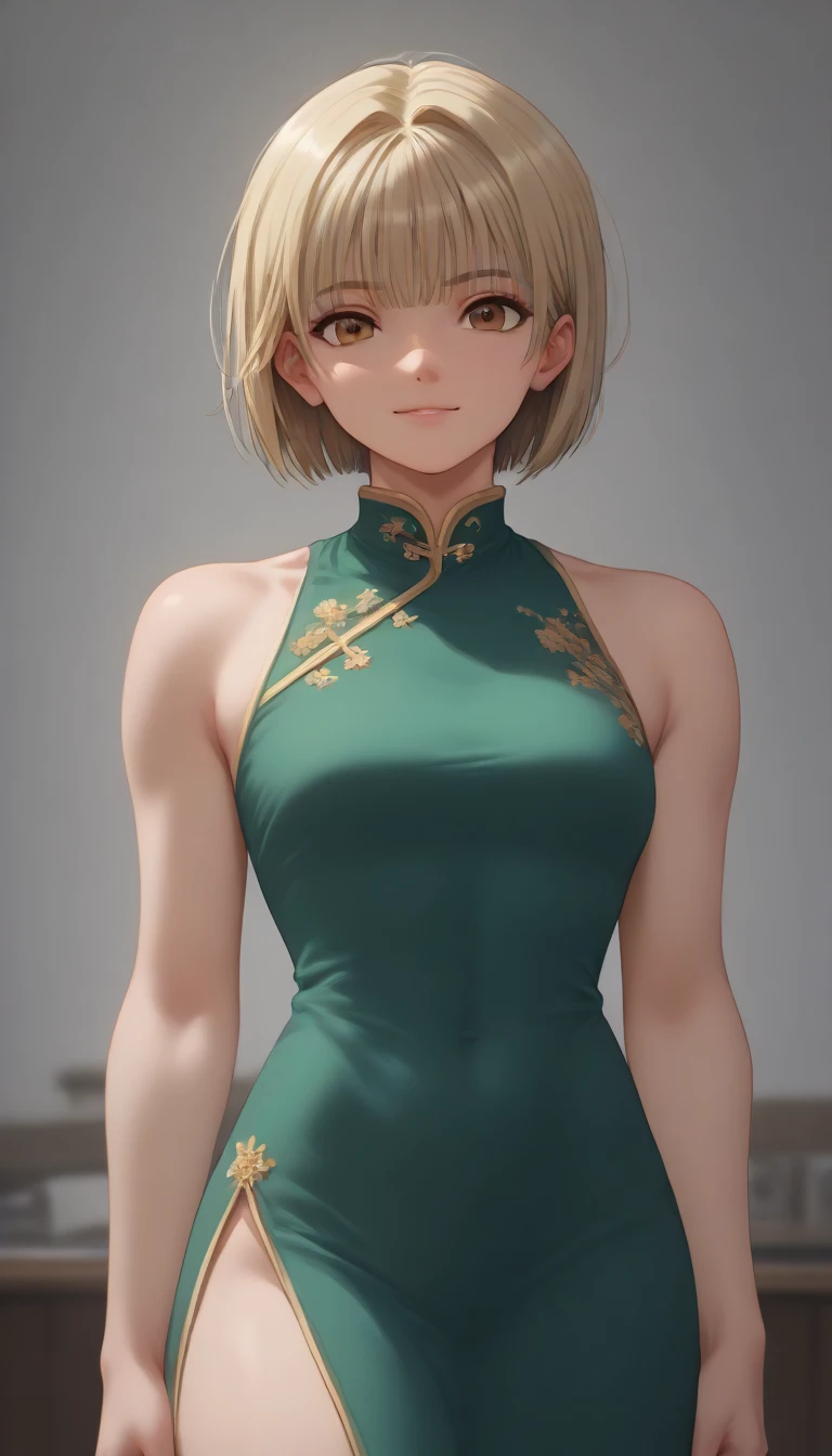 (((((Fujifilm, UHD, masterpiece, textured skin, high details, best quality, highres, 8k, 16k    score_9, score_8_up, score_7_up,)))))    Nishino Tsukasa  ((((((blond hair bob cut )))))) light smile  chinese dress small  expose 