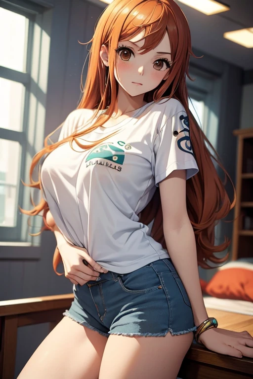 nami, large breasts, round breasts, perfect breasts, large t-shirt, very short shorts, dolphin shorts, cute, long hair, sexy, white t-shirt, seductive pose