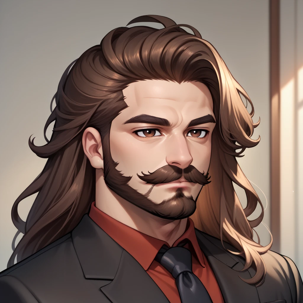 score_9,score_8_up,score_7_up,score_6_up, portrait, anime, chibi, male, uncombed hair, black long hair, mustache, beard, brown eyes, black business suit, red office shirt. intricate details.
