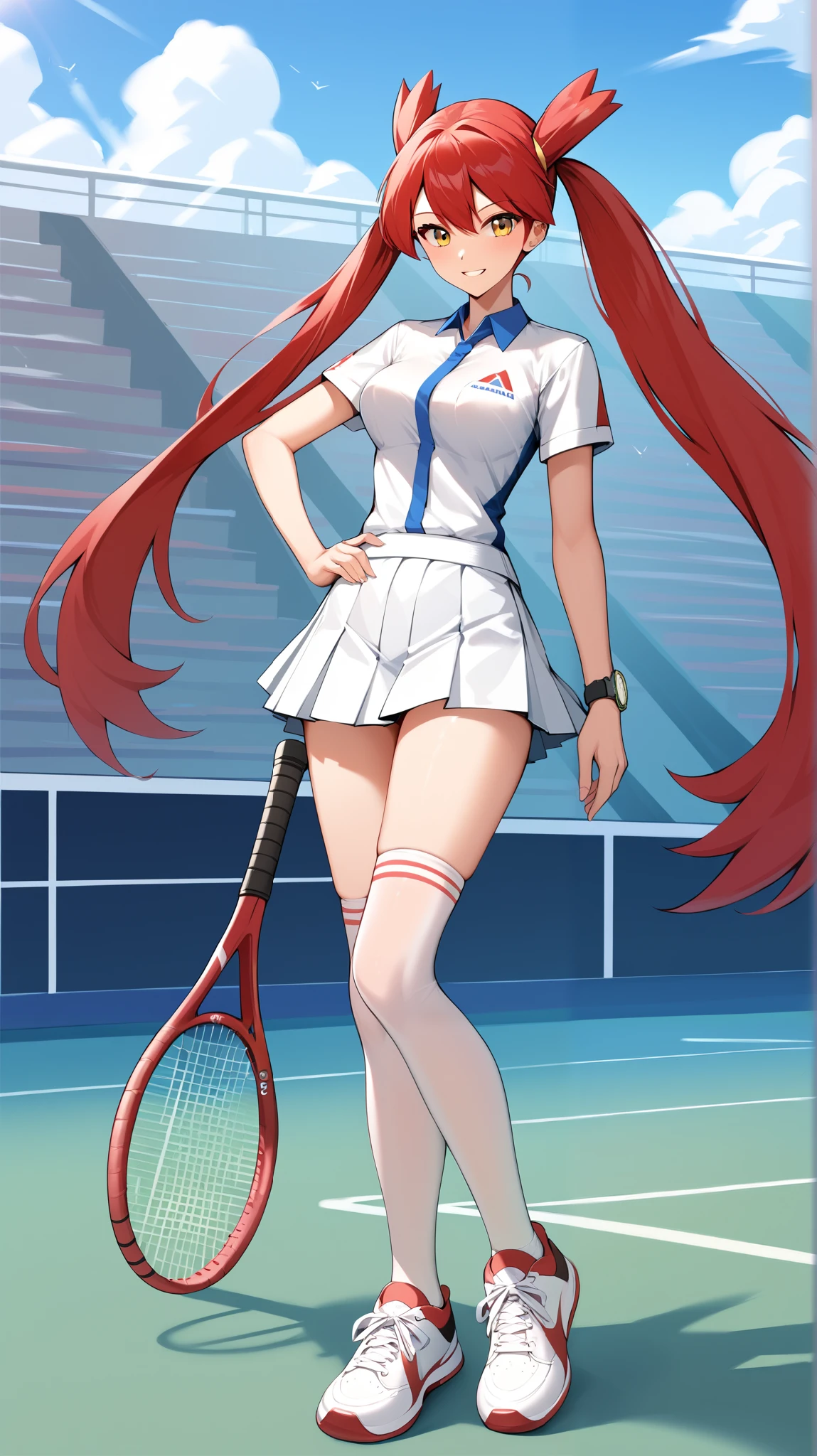 (( top quality )), ((masterpiece)), (( Details)), 1girl, Red hair color,  twin tails,  long hair, Yellow Eyes,  tennis wear ,  white pleated miniskirt,  white knee-high stockings reflective on glass floors,  absolute domain, white lace up shoes ,  Tall,  ANIME COLORING BOOK,  Watch Viewers , 1 Female, Age 18,  is standing, whole body, Place one hand on hip,  slim figure,  sexy smile,  seductive smile,  tennis court, (\ Pokémon\), Ample breasts, Two legs, two arms,
