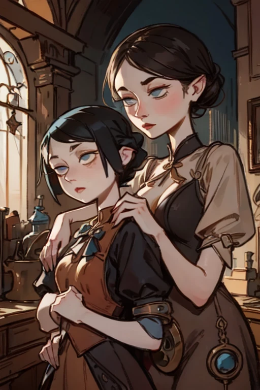 Sra. Keane, 2Menina,   short black hair  ,   blue eyes, Miss Keane as one with braids   ,    union between older and younger sisters,  Victorian era,  steampunk