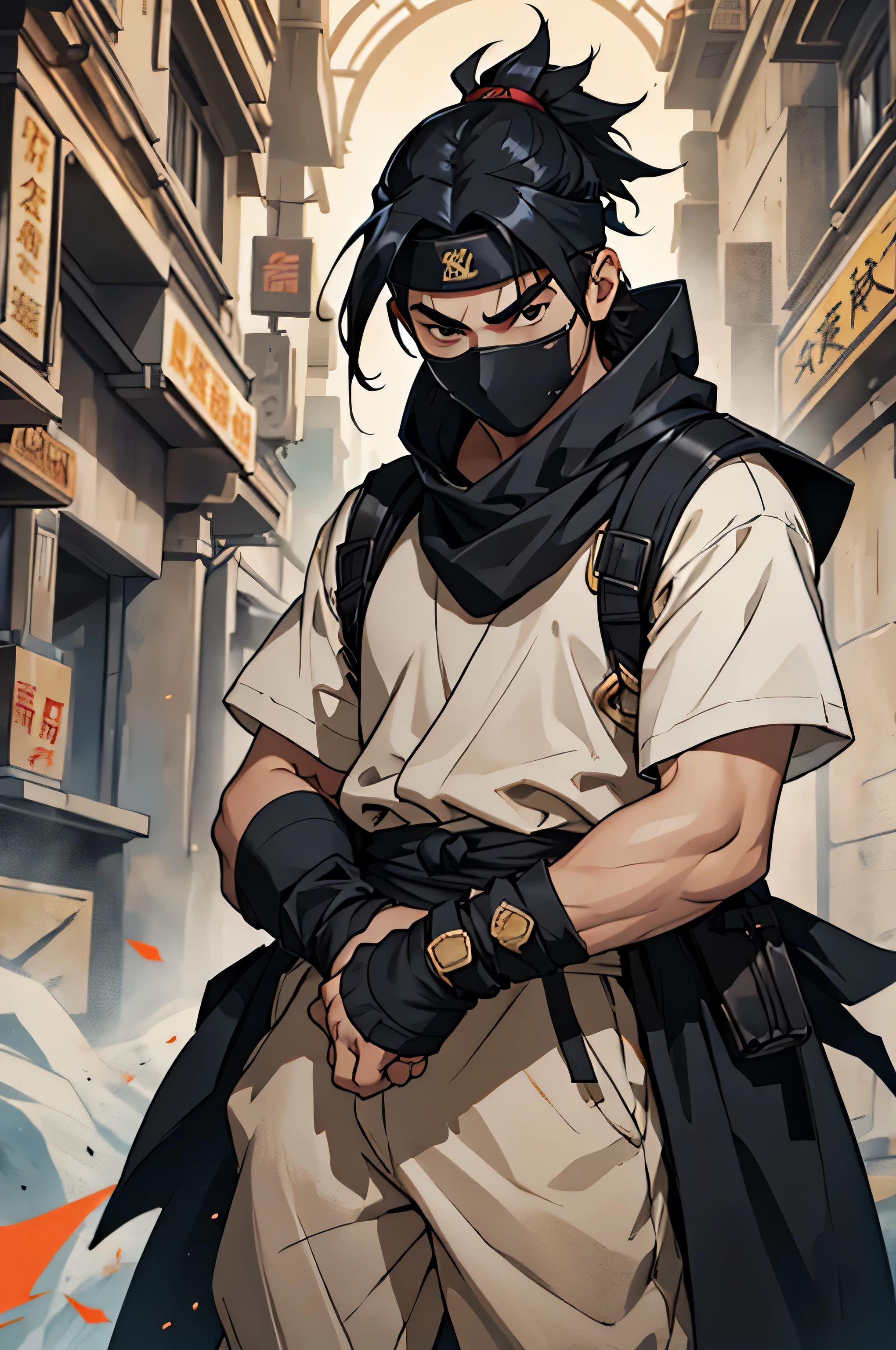 masterpiece, of the best quality, 1 adult male,Uncle,Ancient Figures, Black Hair, black eyes, Forehead protector, 火影ninja中的角色, ninja
