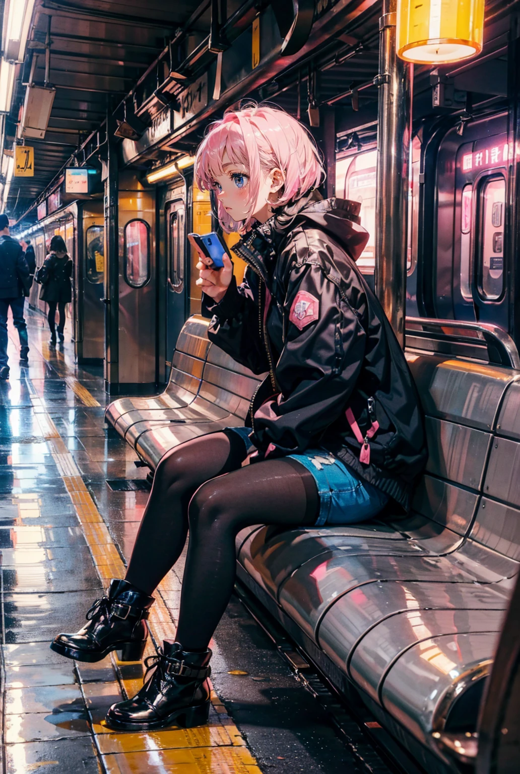 a beautiful girl wearing a black jacket,(((pink short hair,blue eyes))),checking her phone, pantyhose, high boots, shorts, sitting on a bench in a subway station, artifical lights, with a pigeon in the bench, cinematic, draw, perfespective, from the left, profile, masterpiece, best quality, in the style of (samdoesarts),orange color train,