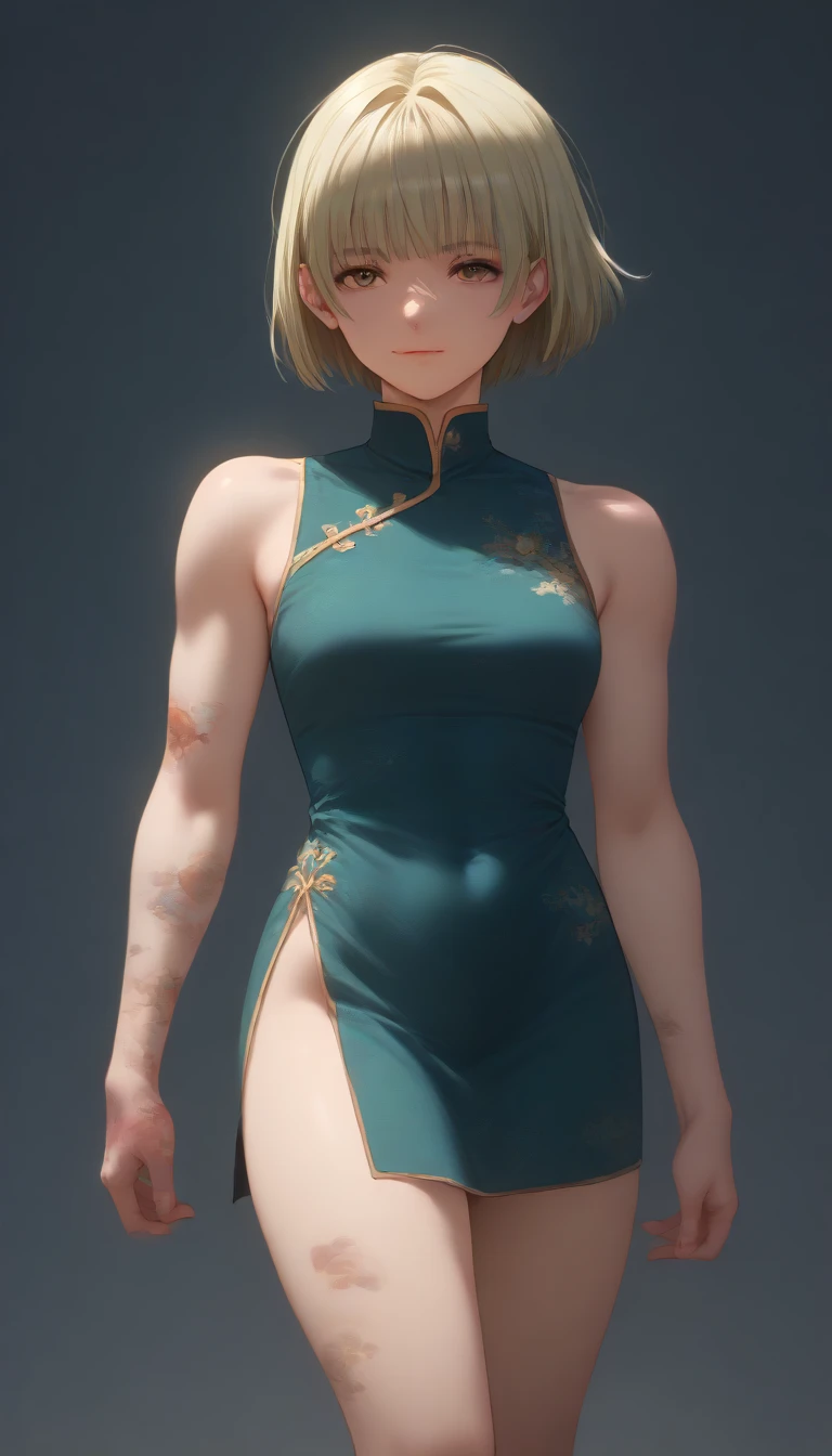 (((((Fujifilm, UHD, masterpiece, textured skin, high details, best quality, highres, 8k, 16k    score_9, score_8_up, score_7_up,)))))    Nishino Tsukasa  ((((((blond hair bob cut )))))) light smile  chinese dress small  expose 