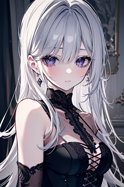 solo, rating:safe, 1girl, black_background, portrait, closed_mouth, collarbone, parted_bangs, simple_background, smile, lips, long_hair, forehead, bare_shoulders, face, bangs, brown_eyes, white_hair, silver_hair, light_smile
