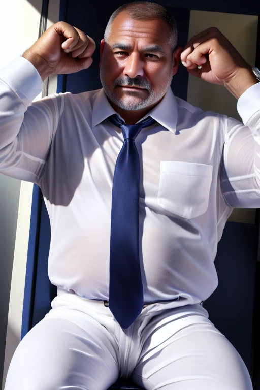 A fat, strong middle-aged man 。( white business shirt:1.2)。Navy blue tie。 gentle expression 。 upper body shot。Precise depiction。 Highest Resolution 。Maximum number of pixels。 Best Picture Quality 。 hyperreal。 photorealistic 。