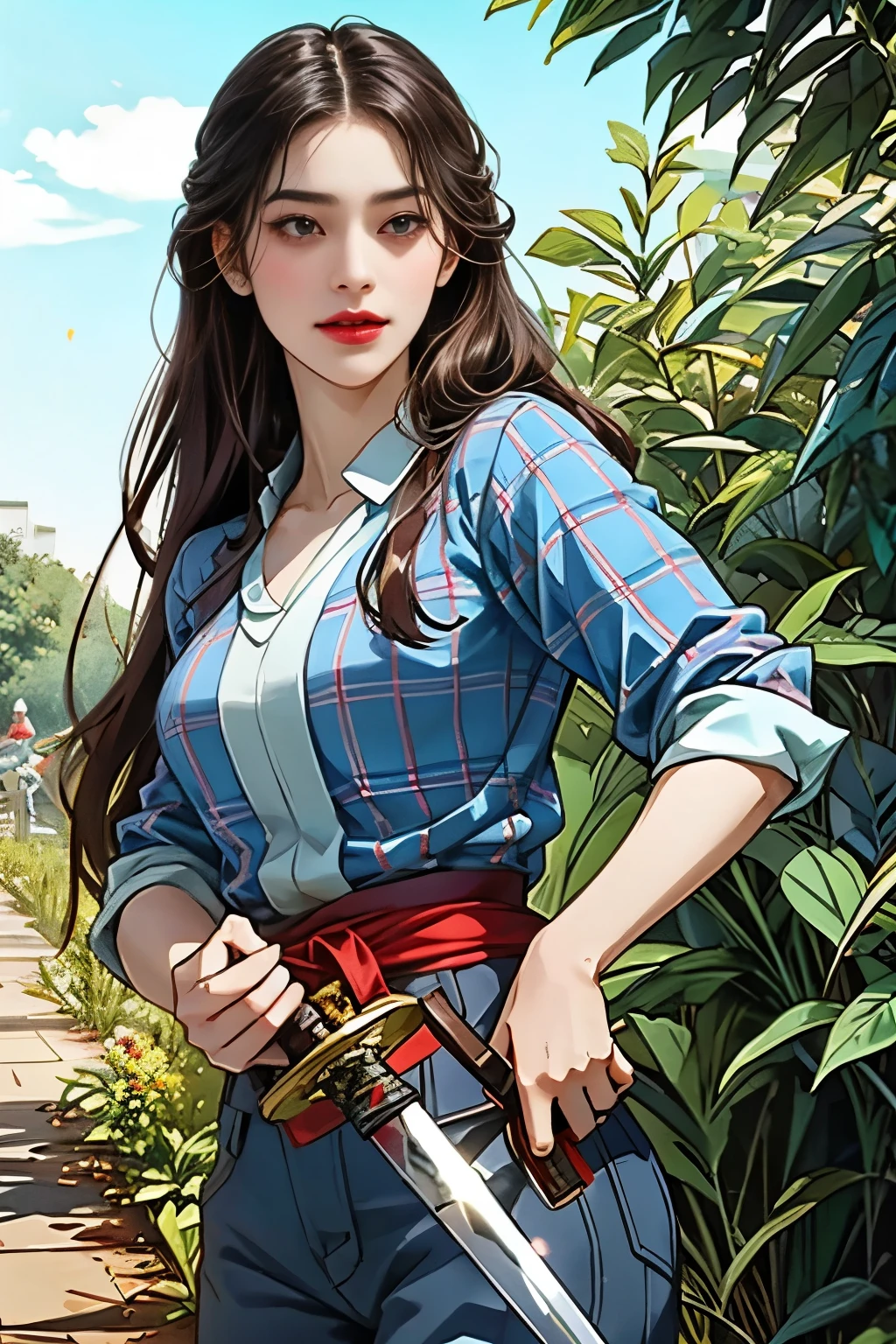 The background is a vegetable garden, fruit garden, modern era. The character is a beautiful woman with long black hair, wearing a colorful farmer's outfit, Wear pants with a plaid shirt, katana crossed, look at the viewer, she's a killer, sword, katana, ภาพระยะไกล , ซ่อนดาบยาวไว้ข้างหลัง, หันหน้าตรง, แอบถือดาบยาว, faraway, distant