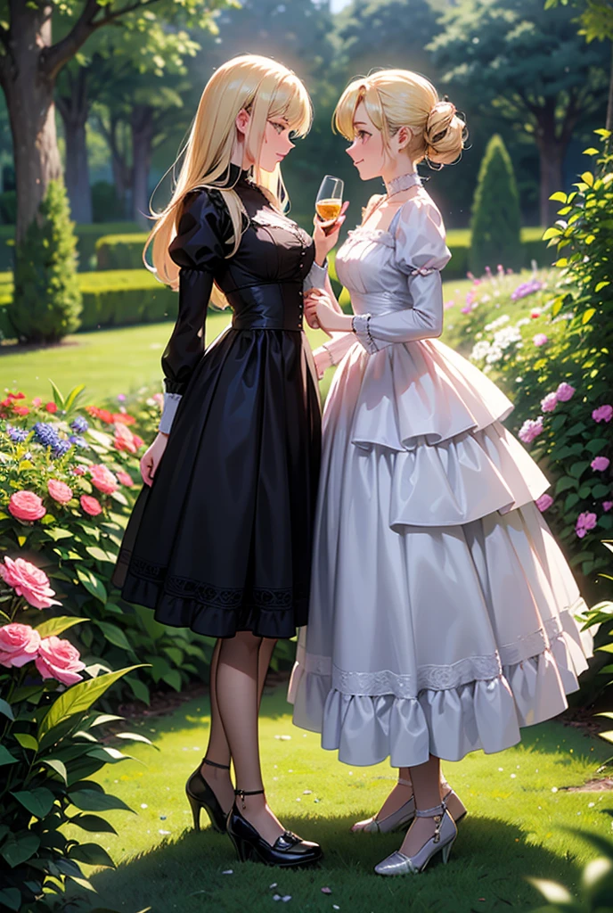 Victorian-style scene of a couple looking into each other's eyes, each with a glass in their hand, dressed in black with black shoes, she dressed in pink with full-length white shoes, each with very delicate features, she is blonde and light brown in a beautiful garden.