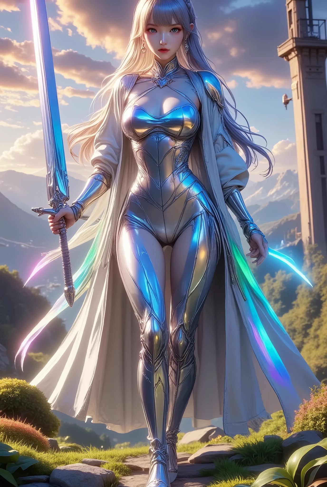 araffed woman in a white suit posing in a forest, Eve, star sword, shiny skin, WLOP art, fanart best art station, WLOP y ROSS Tran, deviantart art station cgscosiety, cg society masterpiece, [ trend on CGSociety ]!!, ross tran 8k, trend on cgstation, Wojtek FUS, fluid digital concept art

