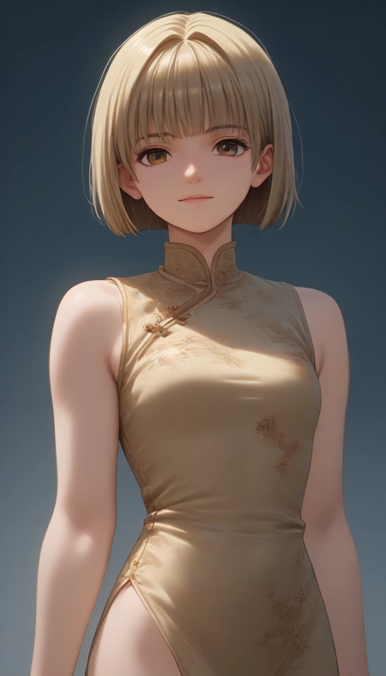  teenager (((((Fujifilm, UHD, masterpiece, textured skin, high details, best quality, highres, 8k, 16k    score_9, score_8_up, score_7_up,)))))    Nishino Tsukasa  ((((((blond hair bob cut )))))) light smile  chinese dress small  expose 