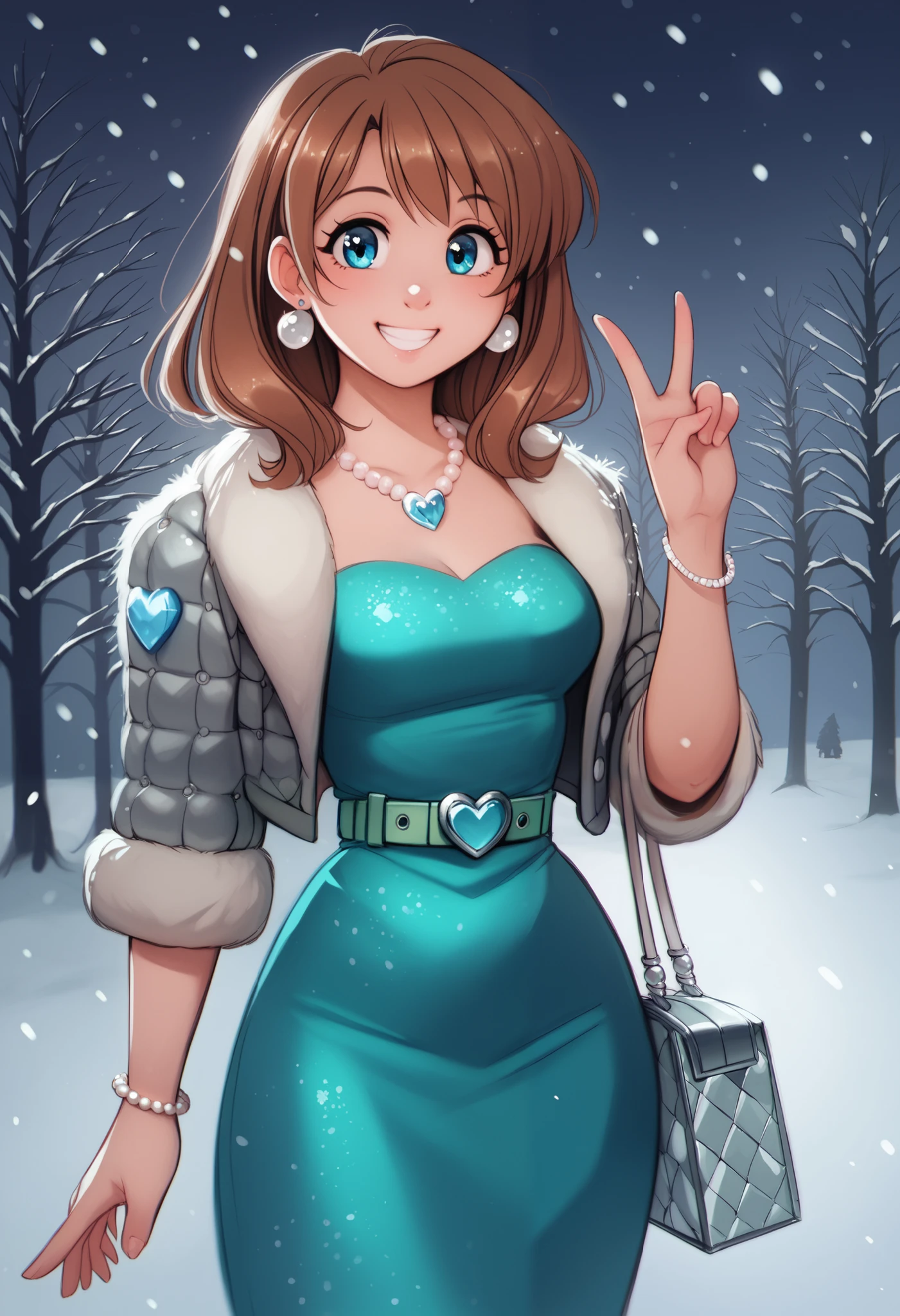 kousaka honoka , blue eyes, brown hair, winter,standing, smile, snowing,night,score_9, score_8_up, score_7_up, score_6_up,p4l0m4, webcomic,hentai,solo,Sleek satin dress in a deep emerald green, Sparkling silver belt at the waist, Dangle earrings with cascading crystal drops, Delicate pearl necklace with a teardrop-shaped sapphire pendant, Bangle bracelet with a row of round-cut emeralds, Metallic silver clutch bag with a jeweled clasp, Cropped silver faux-fur jacket,v