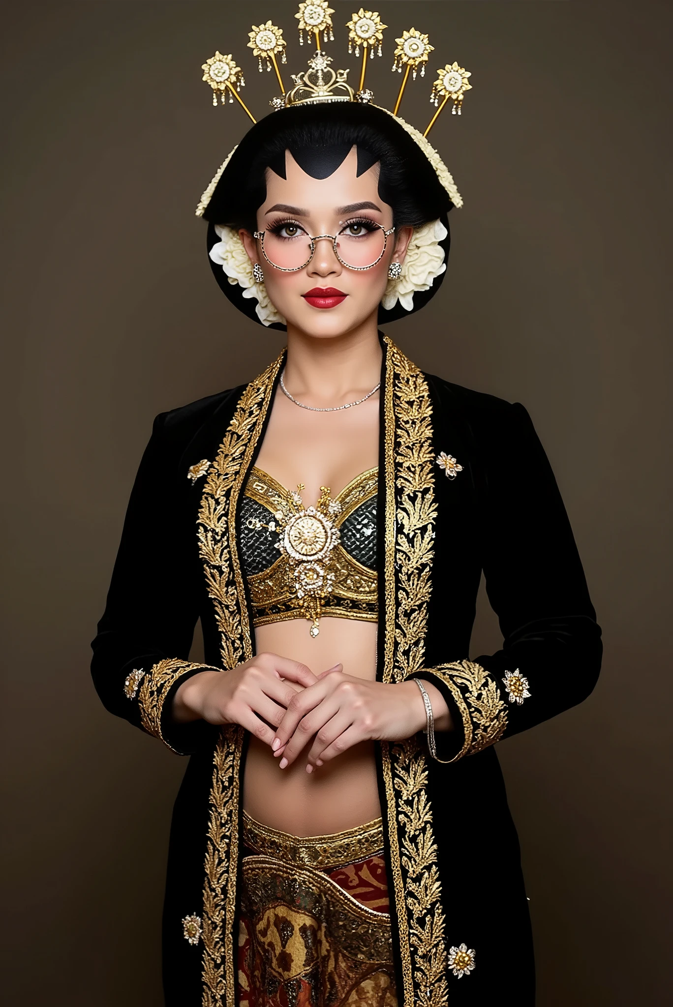 sexy javanese with absolute cleavage, open shirt and thigh slit wearing glasses showing navel