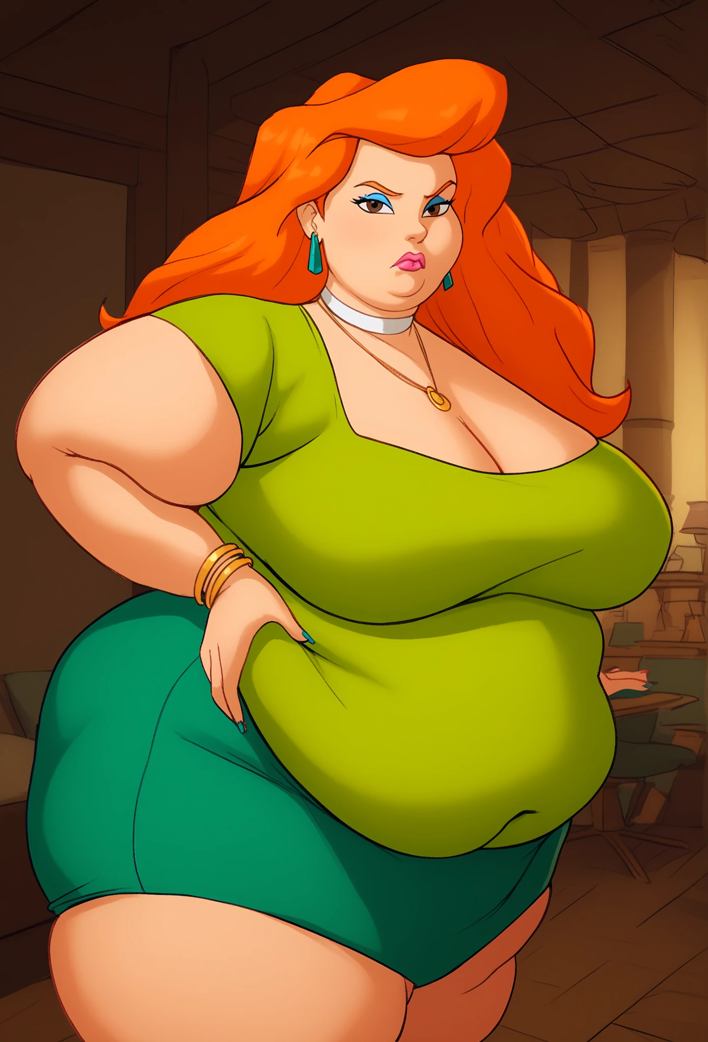 1girl,cmel (big fat body), long hair, orange hair, breasts, brown eyes, lipstick, makeup, blue eyeshadow, jewelry, necklace, choker, green shirt, skirt, earrings, looking at viewer, frown, (clothes that fit your big, fat body size),
indoors,