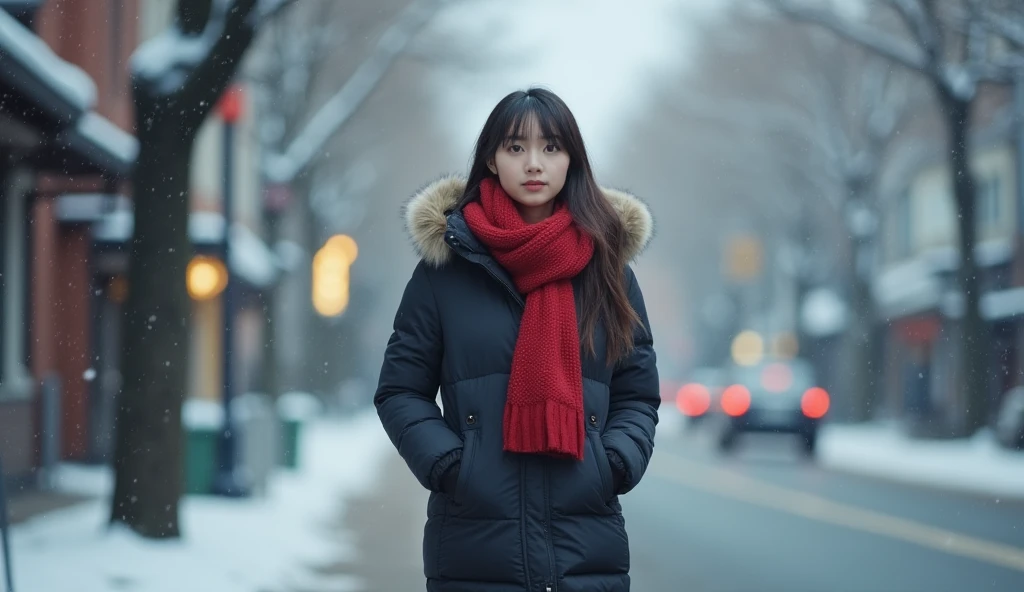 1A young and beautiful Japanese woman is walking along a tree-lined street in winter wearing a 、 wearing a red scarf with her hands in her down coat pocket、Side face waiting for her lover on the street corner of Tokyo in the winter of the one-sided silver world 。