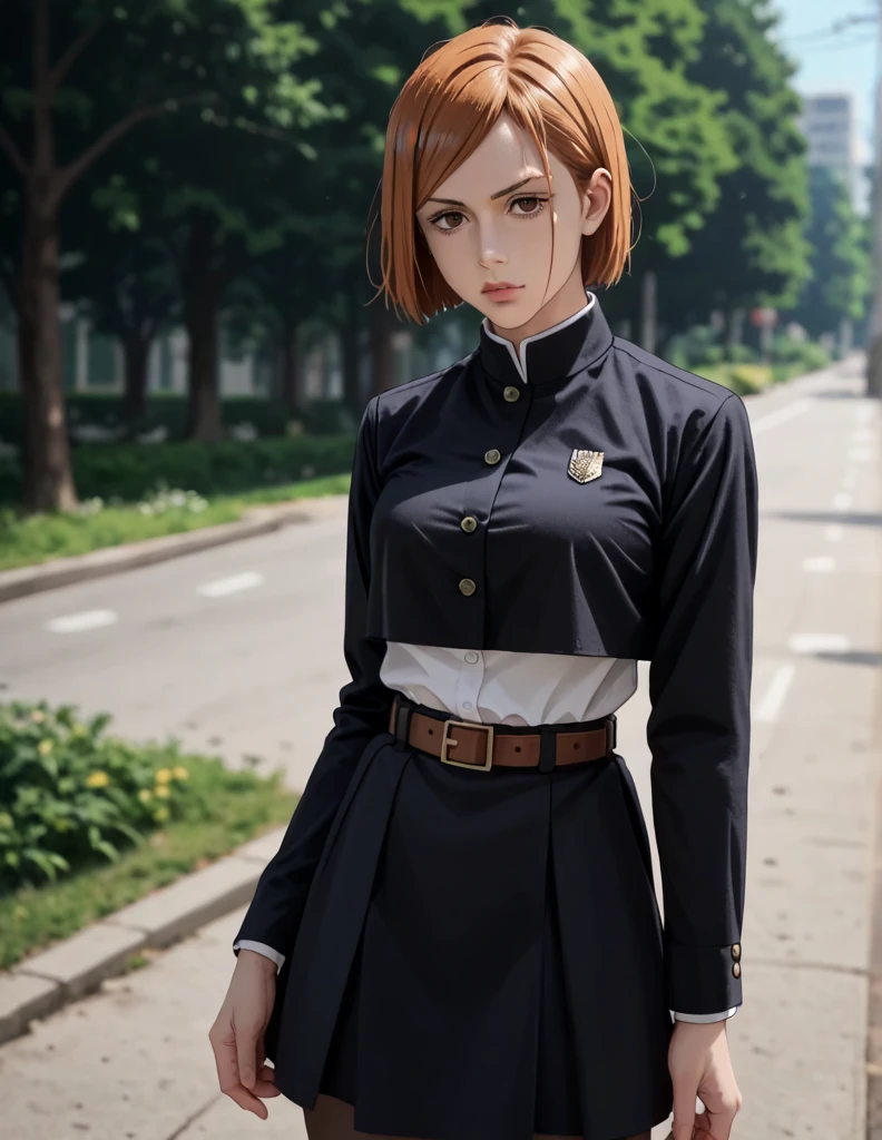 1girl, solo, kugisaki nobara, orange hair, short hair, brown eyes, large breast, black uniform school, cropped black button down shirt lenght sleeved, white undershirt, brown belt, black short skirt, high stocking, outdoors