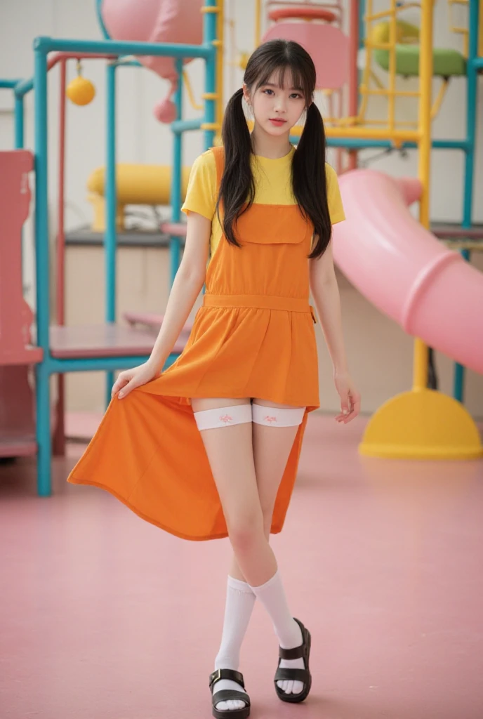 1girl, solo, long hair, looking at viewer, smile, open mouth, blue eyes, simple background, long sleeves, dress, standing, full body, red hair, shoes, socks, orange hair, hand on hip, pink background, mary janes, yellow dress, yellow skirt