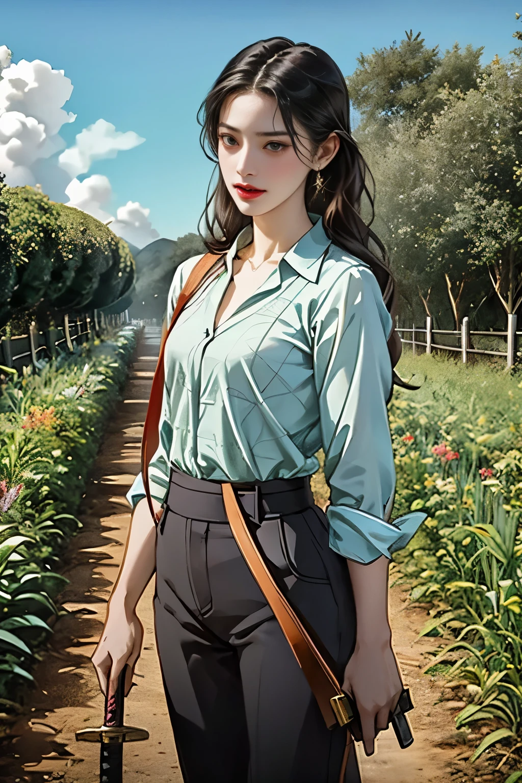 The background is a vegetable garden, fruit garden, modern era. The character is a beautiful woman with long dark black hair, wearing a colorful farmer's outfit, Wear pants with a plaid shirt, katana crossed, look at the viewer, she's a killer, sword, katana, ภาพระยะไกล , ซ่อนดาบยาวไว้ข้างหลัง, หันหน้าตรง, แอบถือดาบยาว, from faraway, from distant