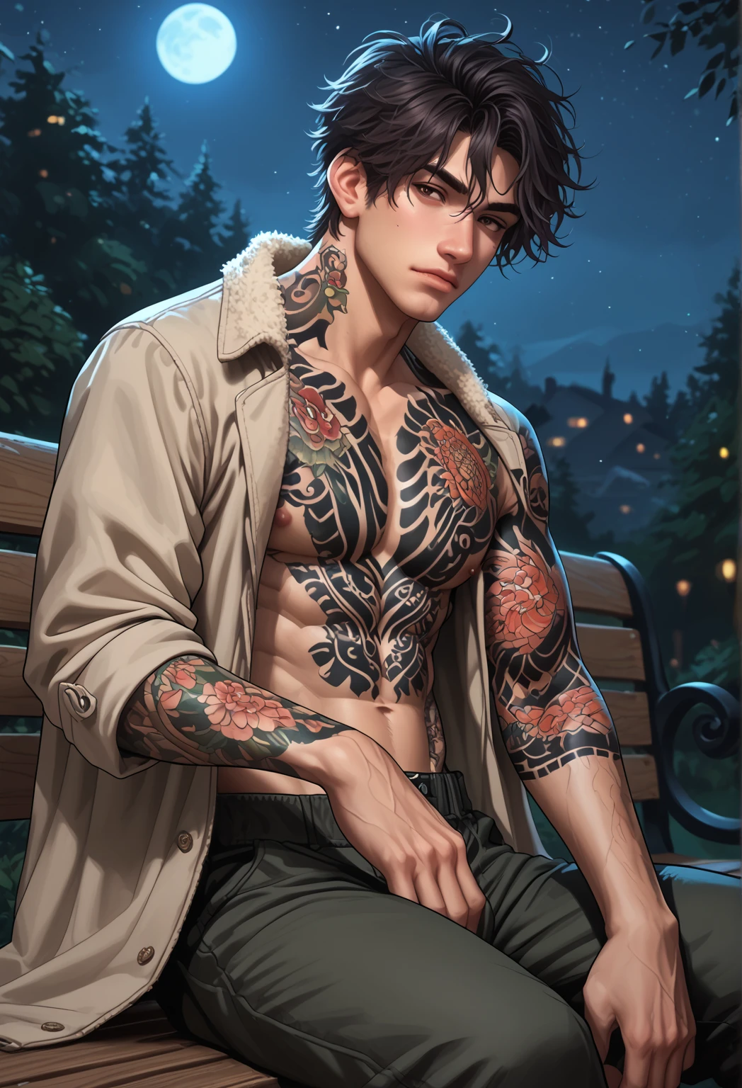 1men, calm expression, adult, muscular, body covered in tattoos (Tattoos on chest), (Tattoos on abdomen), (Tattoos on neck), Dark hair, messy hair, brown eyes, wearing casual long coat, black cargo short pant, sitting in bench, (Night:1.4), portrait. score_9, score_8_up, score_7_up. 